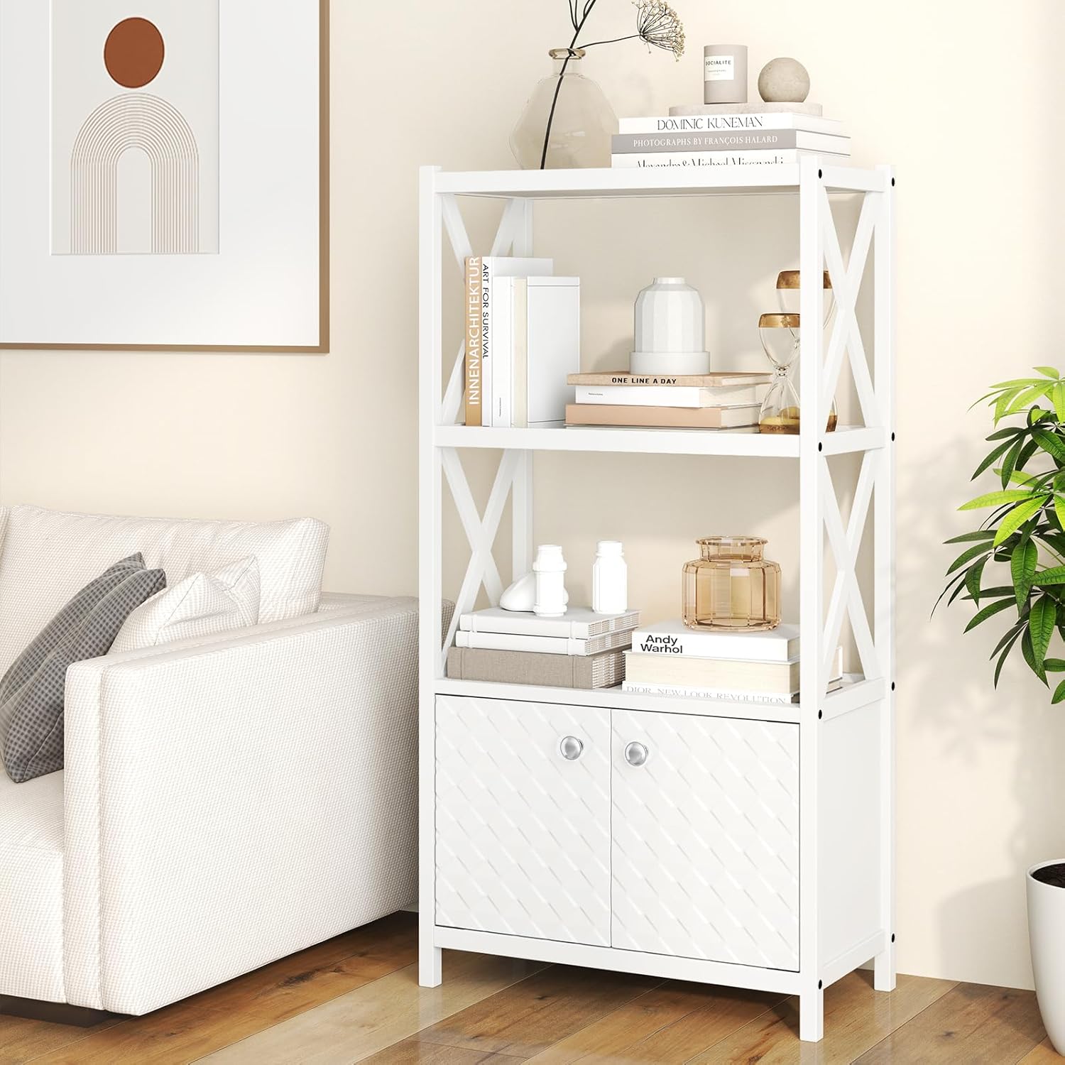 LOKO Freestanding Bathroom Floor Cabinet, Modern Storage Cabinet with 2 Doors & Open Shelves, Anti-toppling Design & Rubber Wood Frame, Storage Organizer for Living Room, Kitchen, Entryway (White)