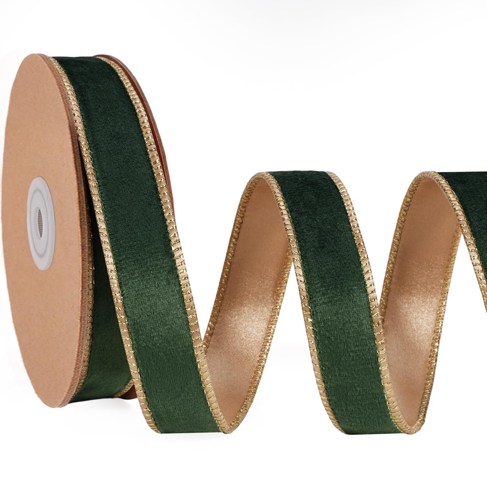LaRibbons Green Velvet Wired Ribbon, Gold Edge, Gold Satin Back, 1 Inch