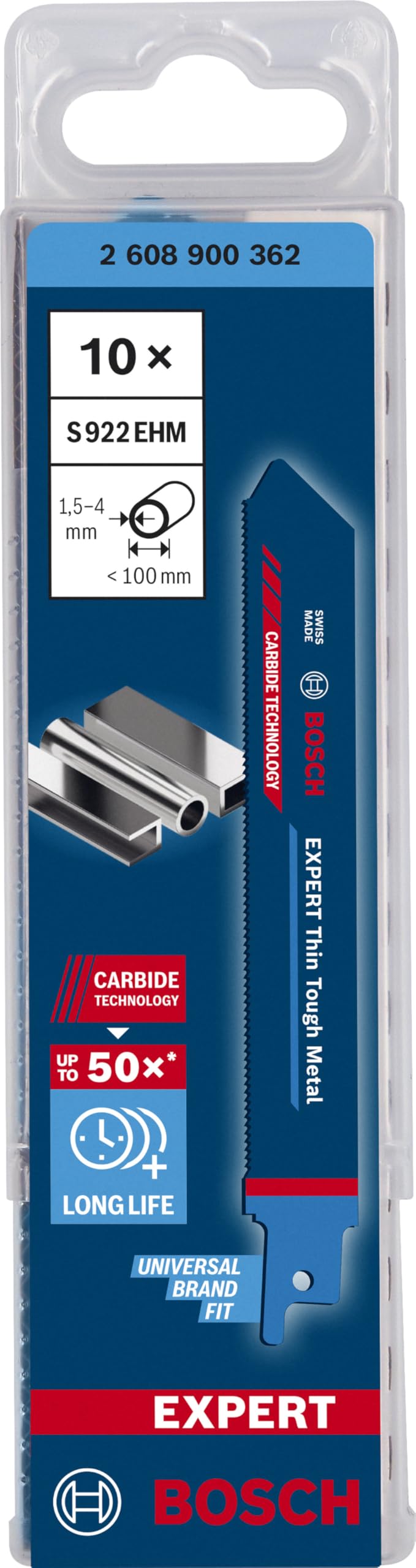 Bosch Professional 10x Hojas de sierra sable Expert `Thin Tough Metal` S 922 EHM (para Láminas de acero inoxidable, Longitud 150 mm, accesorios Sierra sable)