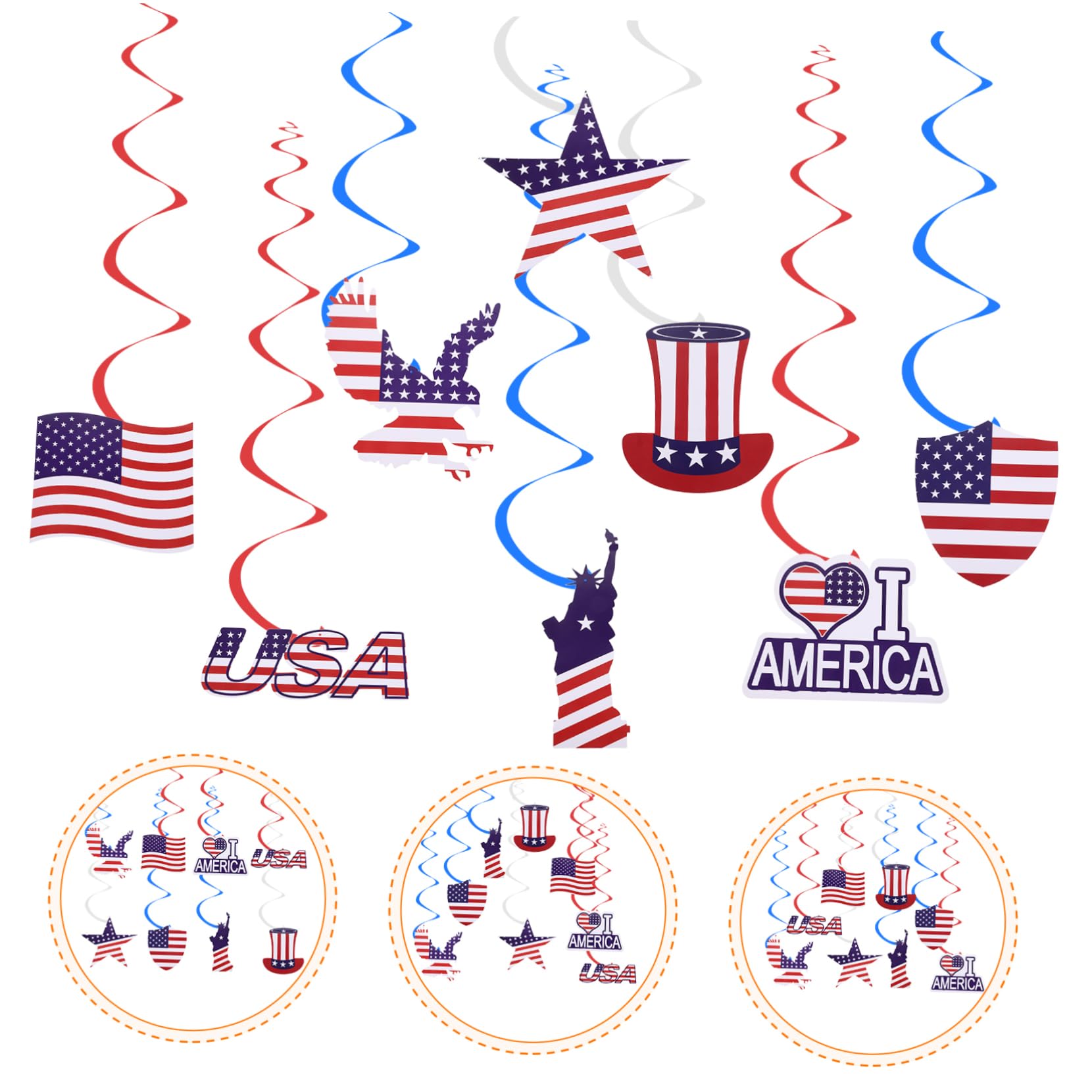 Cabilock 3 Juegos Espiral Americana Decoraciones De Fiesta Rojas Rojas Remolinos Colgantes del Día De La Independencia Personalizada Flag Real Rojo Decoración El Plastico