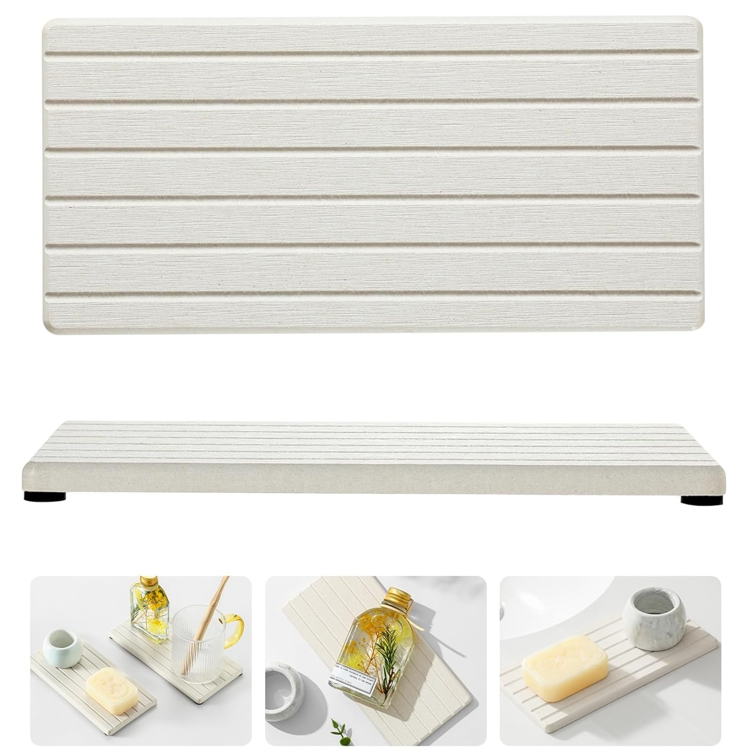 Razborci 2 Pack Greige Bathroom Sink Vanity Trays Diatomite Stone Kitchen Counter Caddy Dish Soap Dispenser Sponge Holder