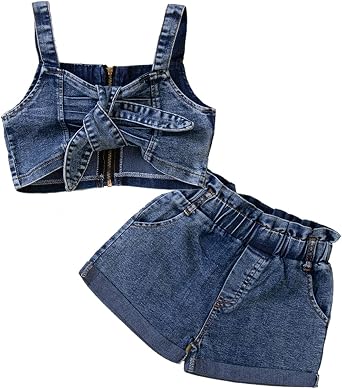 BULINGNA Kids Little Girl Jeans Outfits Sleeveless Bowknot Tank Top Denim Waist Shorts Toddler Two-Piece Summer Clothes 1-6T
