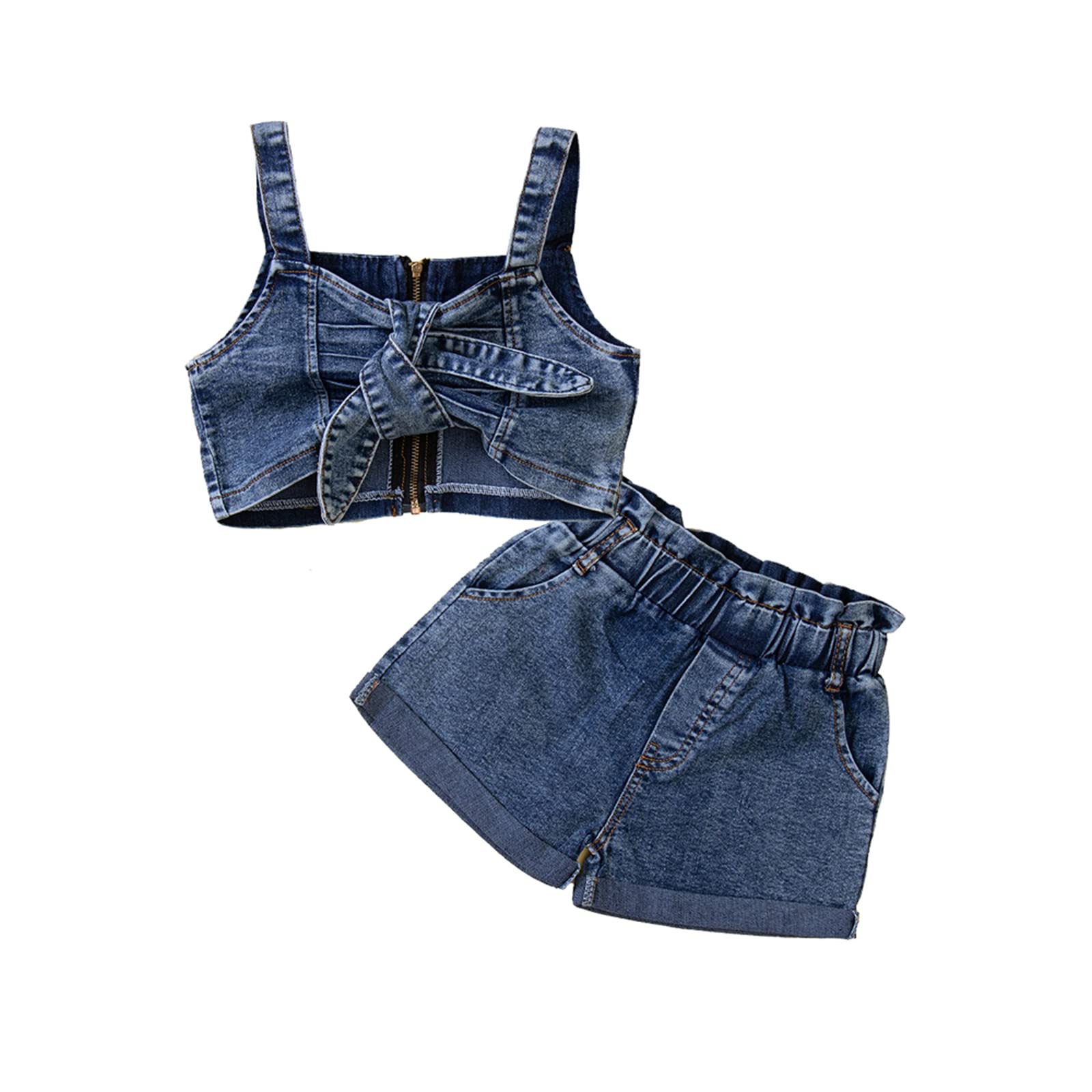 Toddler Baby Girl Summer Clothes Sleeveless Zip Up Denim Strap Crop Top Shorts 2Pcs Casual Outfit (4-5T,Blue)