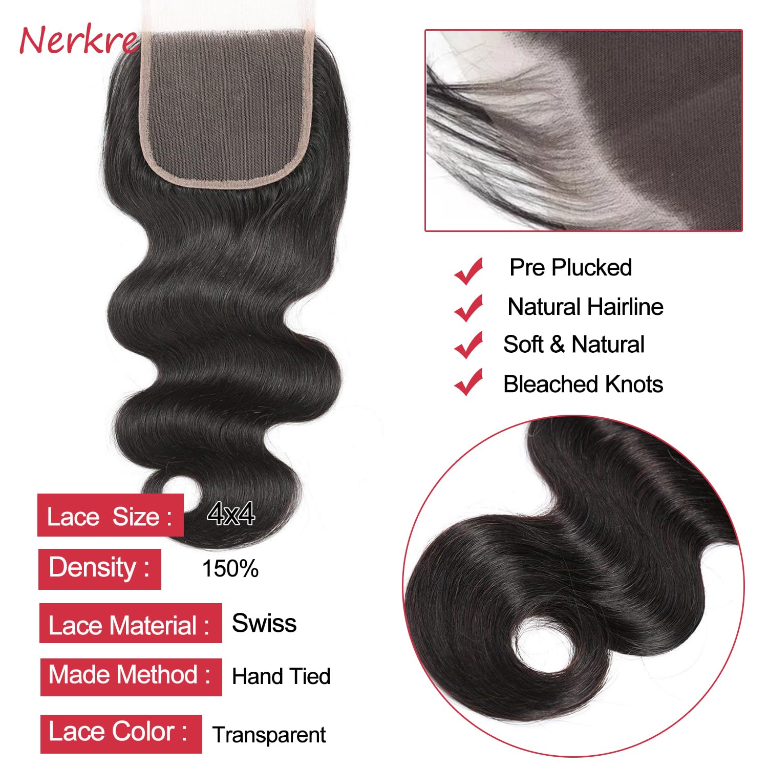 4x4 Transparent HD Lace Closure Body Wave Virgin Human Hair Invisible Lace Closure More Less Shedding than Regular Virgin Hair Frontal Closure Pre-plucked with Baby Hair Natural Black 18 Inch