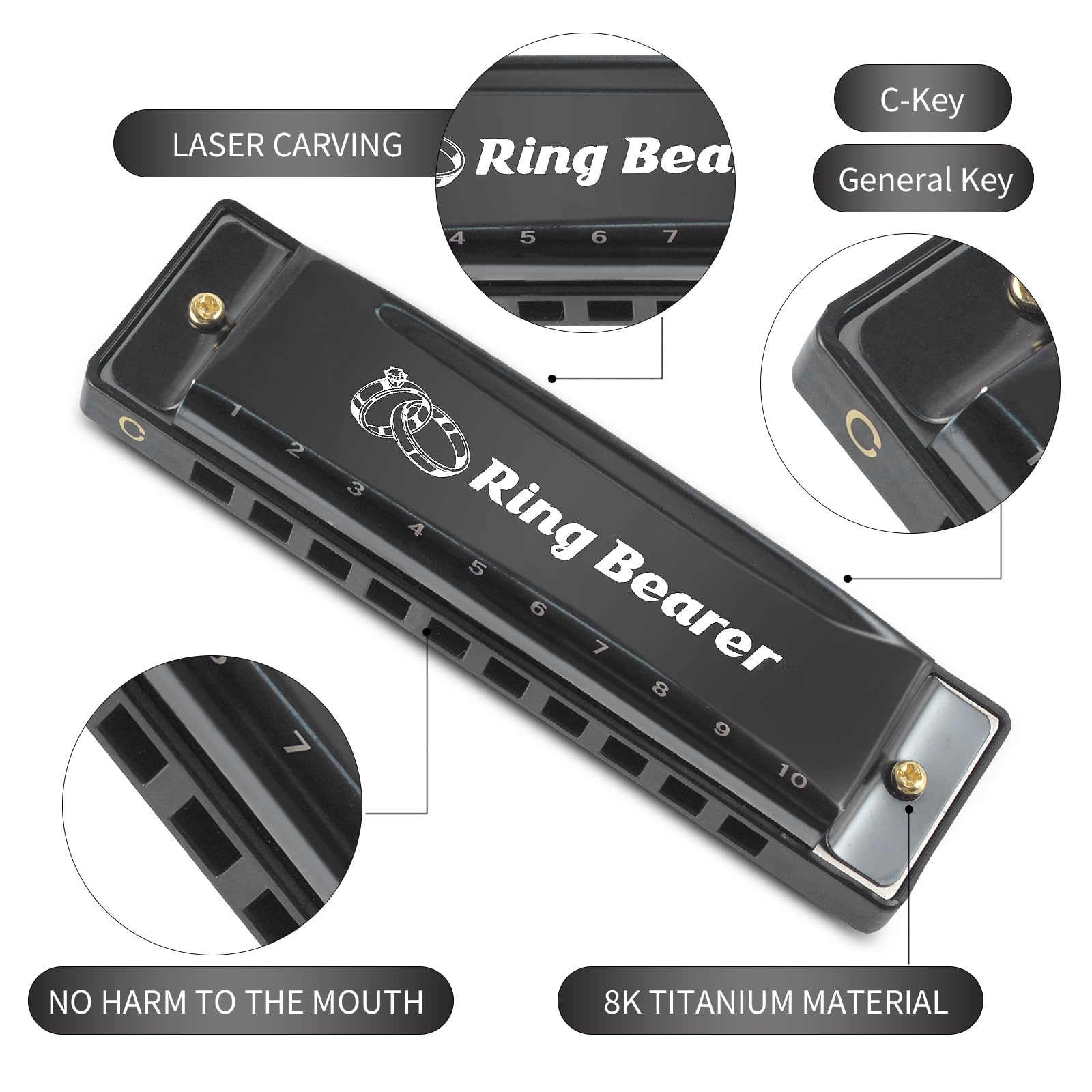 Ring Bearer Gifts Harmonica Ring Custom Engraved Black Harmonica C Key 10 Hole For Wedding Gifts Kids
