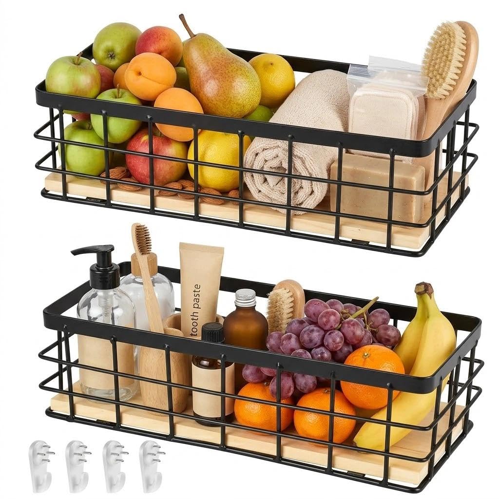 Panier en maille avec poignée en bois portable et polyvalent noir