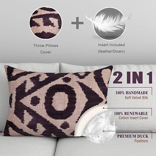 Miniatura 5 de Almohada de terciopelo hecha a mano con inserto de plumas de plumón, 16 x 24 pulgadas, diseño de lujo negro y beige para sala de estar, cojín suave