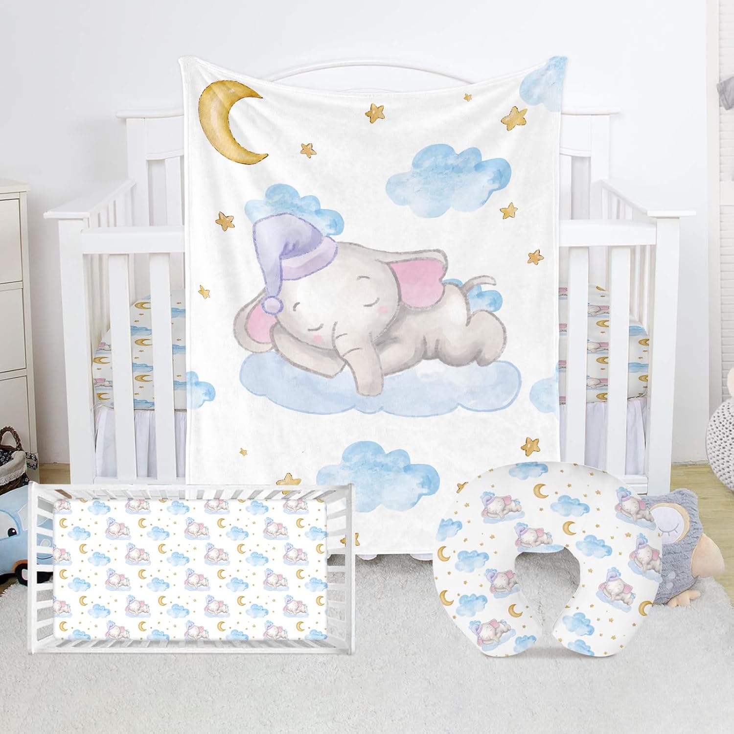 Lanleay Elephant Crib Bedding Set, Nursery Baby Crib Bedding Sets, White Baby
