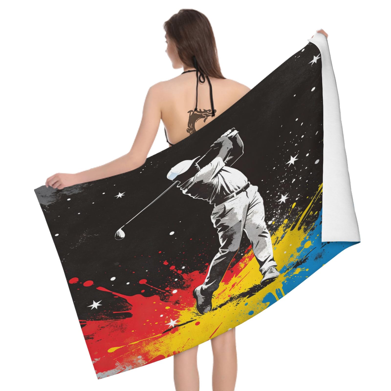 Leichong 3D Golf Beach Towel Microfiber Soft Quick Dry for Adults, Colorful Splash Ink Bath Towel Lightweight Soft Absorbent for Travel Swimming Pool Sports, 75 x 150 cm