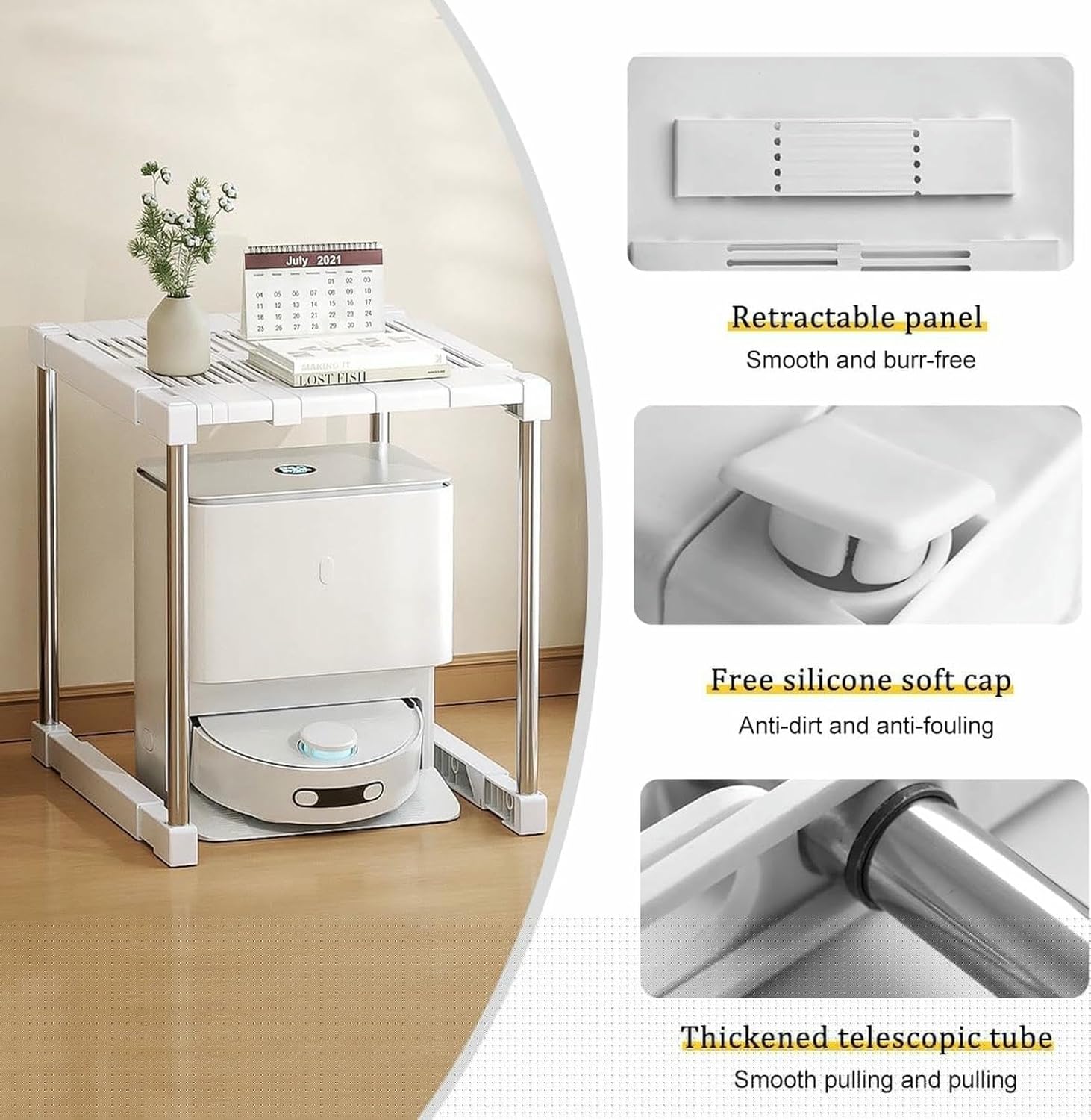 Robot Vacuum Stand Cabinet,Sweeping Robot Storage Rack,Vacuum Hidden Open Storage Shelves,Space Saving,Adjustable Length and Height,Household End Side Table