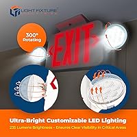 Vista 2 de LFI Lights - Señal de salida con luces de emergencia, LED rojo, blanco, 120/277VCA cableado, con batería de respaldo, doble cara opcional y flechas