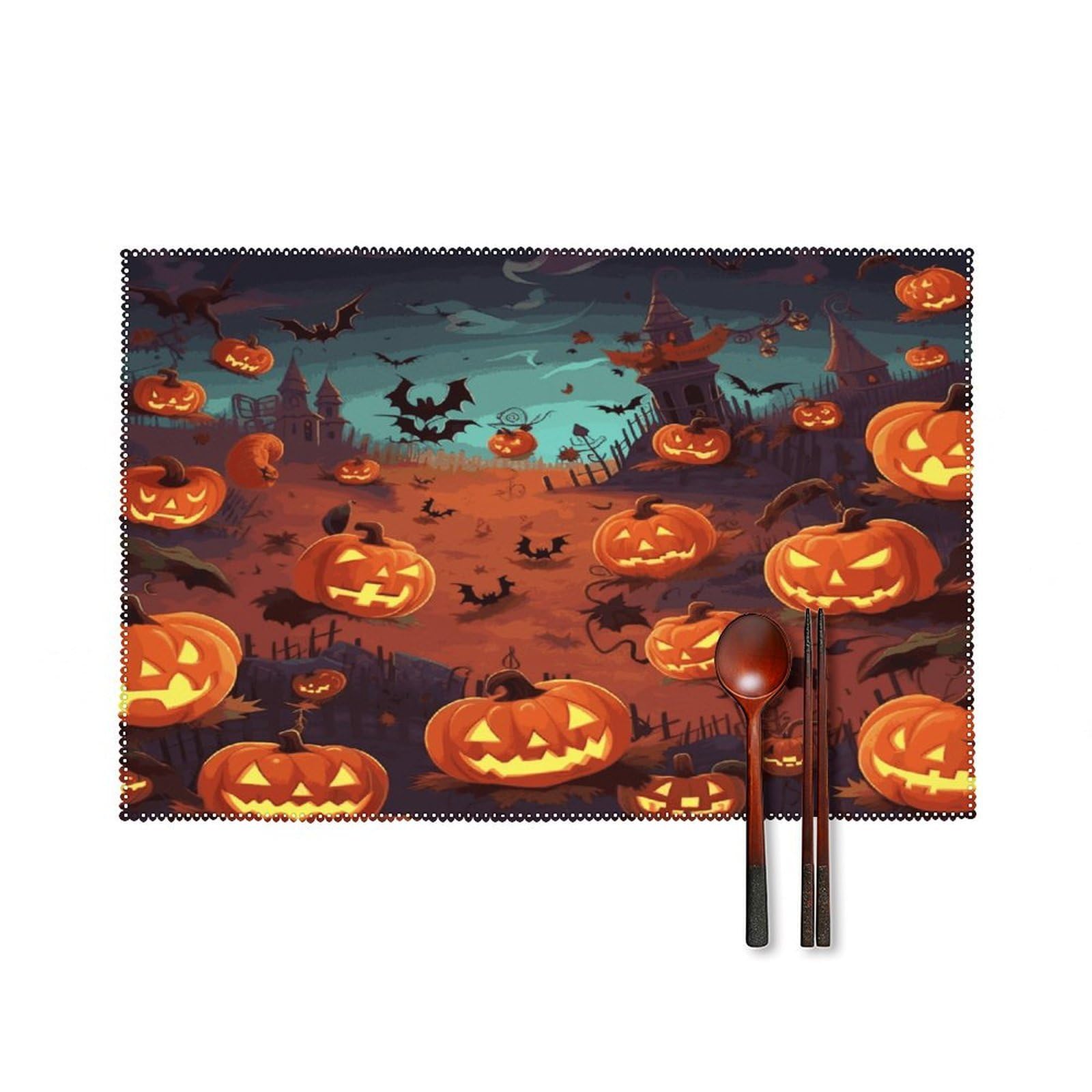 Btcowzrv Style Halloween Canvas Placemats Set Of 6, Wipeable Washable Place Mats For Indoor & Outdoor, Table Mat Decor For Kitchen Dining Party