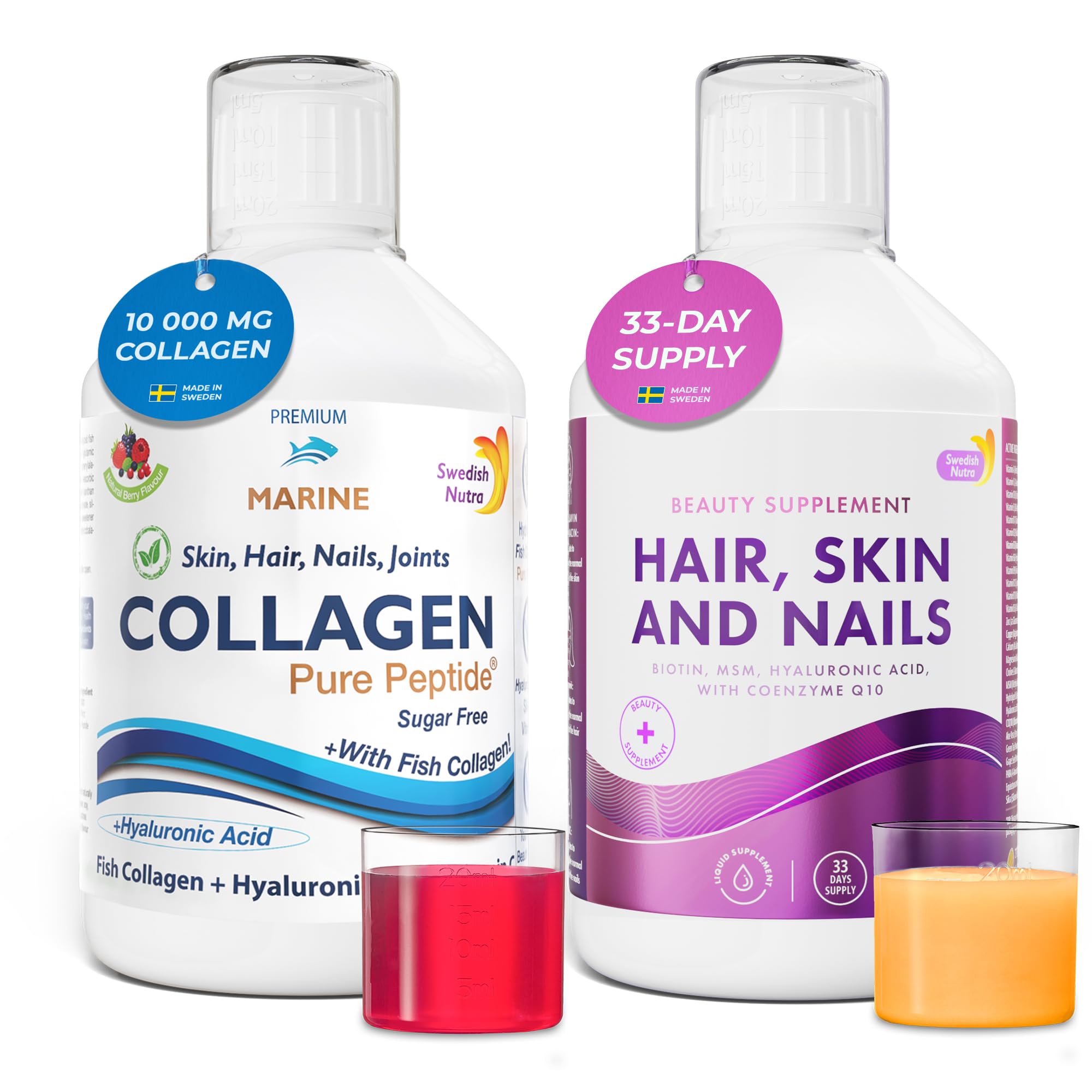 Swedish Nutra - Hydrolyzed Marine Collagen & Hair, Skin & Nails Liquid Supplements - 2 x 500 ml | Peptide, Vitamins, Collagen, Biotin, MSM, Hyaluronic Acid & CoQ10 | High Absorption & Natural Flavour