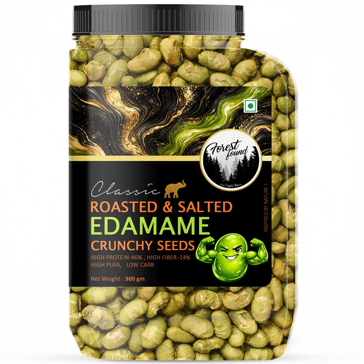 Forest Found Roasted & Salted Edamame (300g) Beans | 46% High Protein & 14% Fiber | Oil-Free Vacuum Roasted Crunchy Seeds | Low Carb, Plant-Based Protein Healthy Snack | Young Green Soybeans
