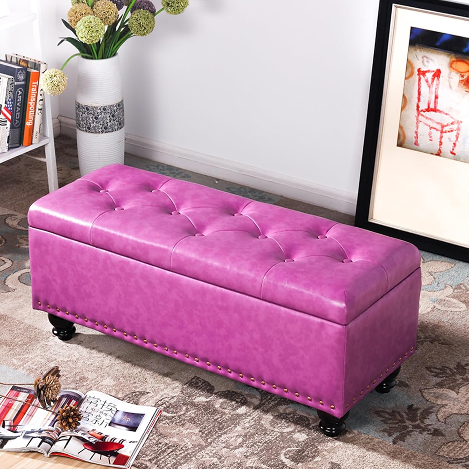 Storage Ottoman Entryway End of Bed Bench Bedroom Bench with Storage Vintage Shoe Rack for Hallway Bedroom Mudroom(Noble Purple,40 * 40 * 43cm/15 * 15 * 16in)