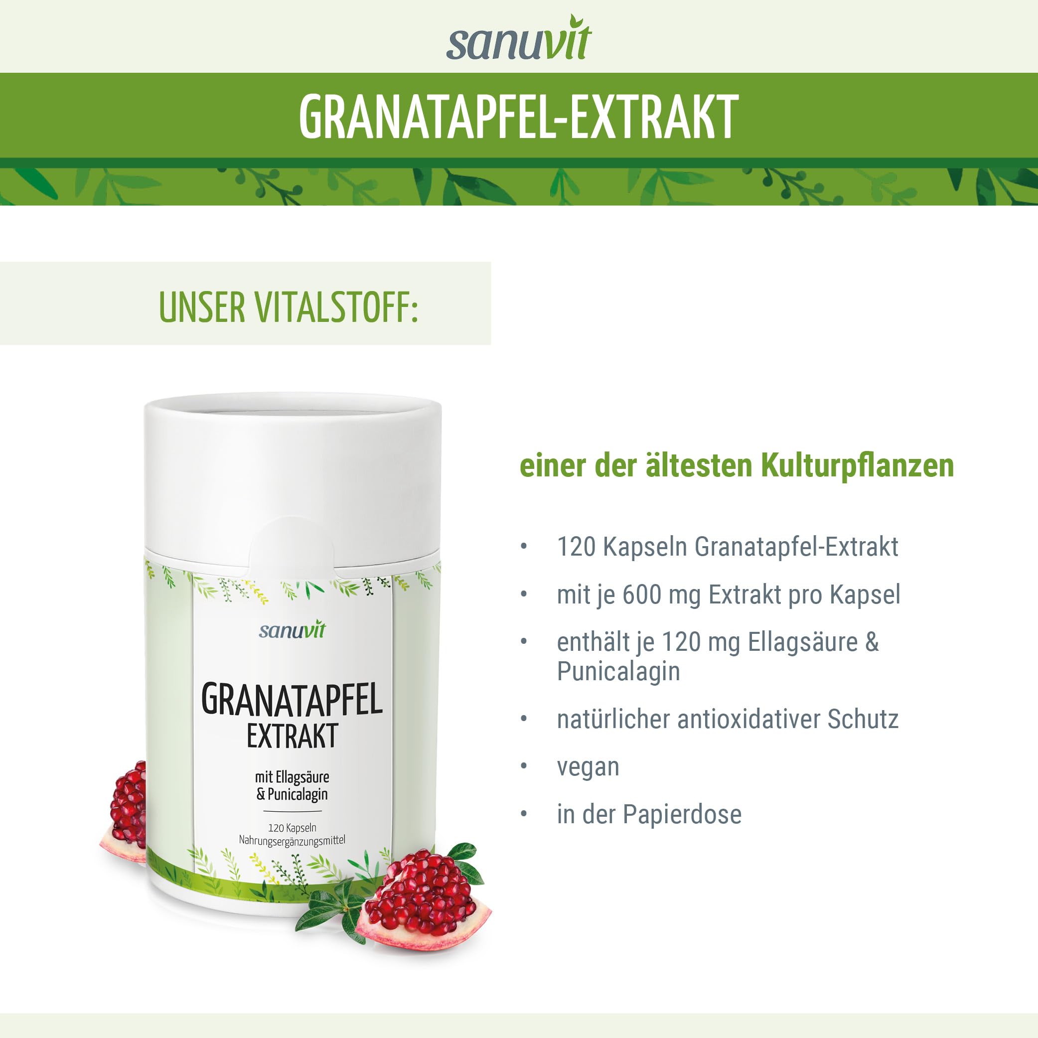 Sanuvit® - Granatapfelextrakt 600 mg | 120 Kapseln | 120 mg Ellagsäure & 120 mg Punicalagin | Aktiver Zellschutz | hochkonzentrierte Antioxidantien | Hochdosiert | Vegan