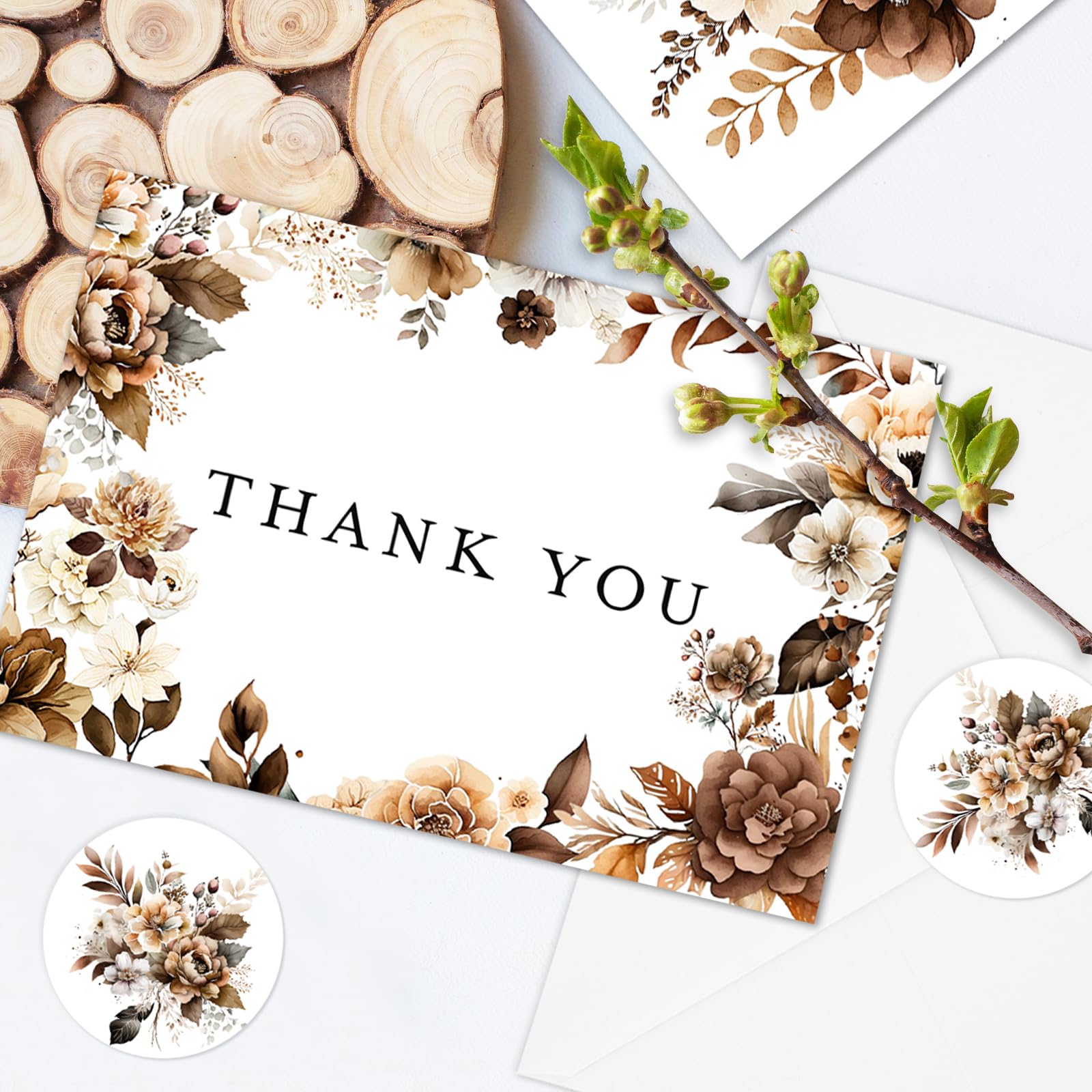 AnyDesign Paquete de 36 tarjetas de agradecimiento de flores a granel, tarjetas de agradecimiento florales marrones con sobres y calcomanías, hojas florales, tarjetas de felicitación en blanco para