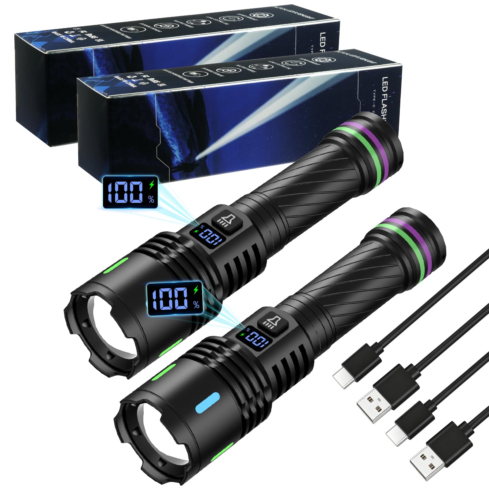 AUAUY 2PCS Torches LED Super Bright Rechargeable, 3000 Lumens Powerful Torches Battery Powered, 3 Lighting Mode, Smart Digital Display, Waterproof Hand Torch for Dog Walking Camping Emergency
