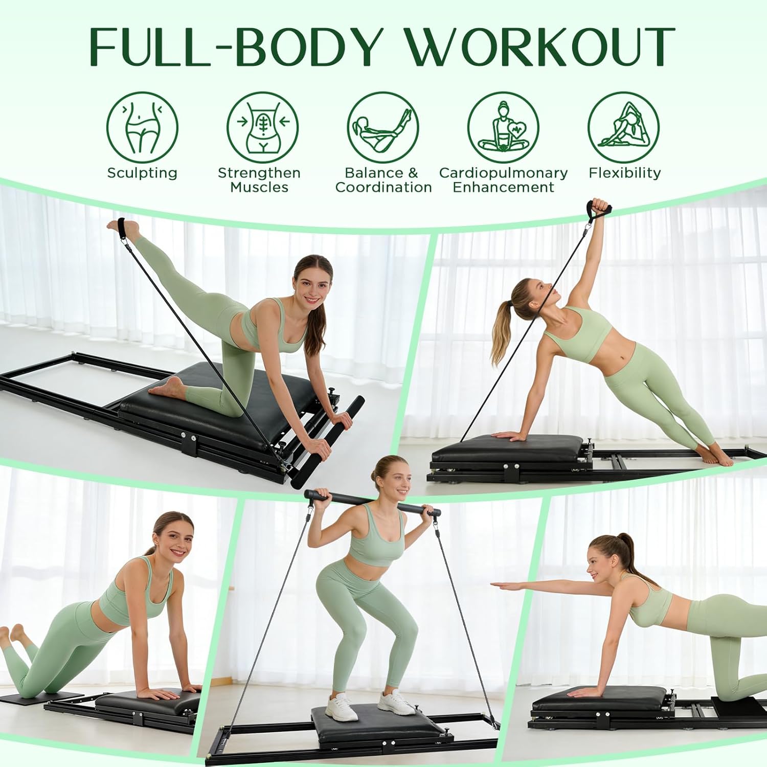 Pilates Board, Foldable Pilates Reformer Set, Multi-Purpose Iron Extended Pilate Equipment, 7-in-1 Pilate Machines for Home Use, with Pilates Bar, Resistance Bands