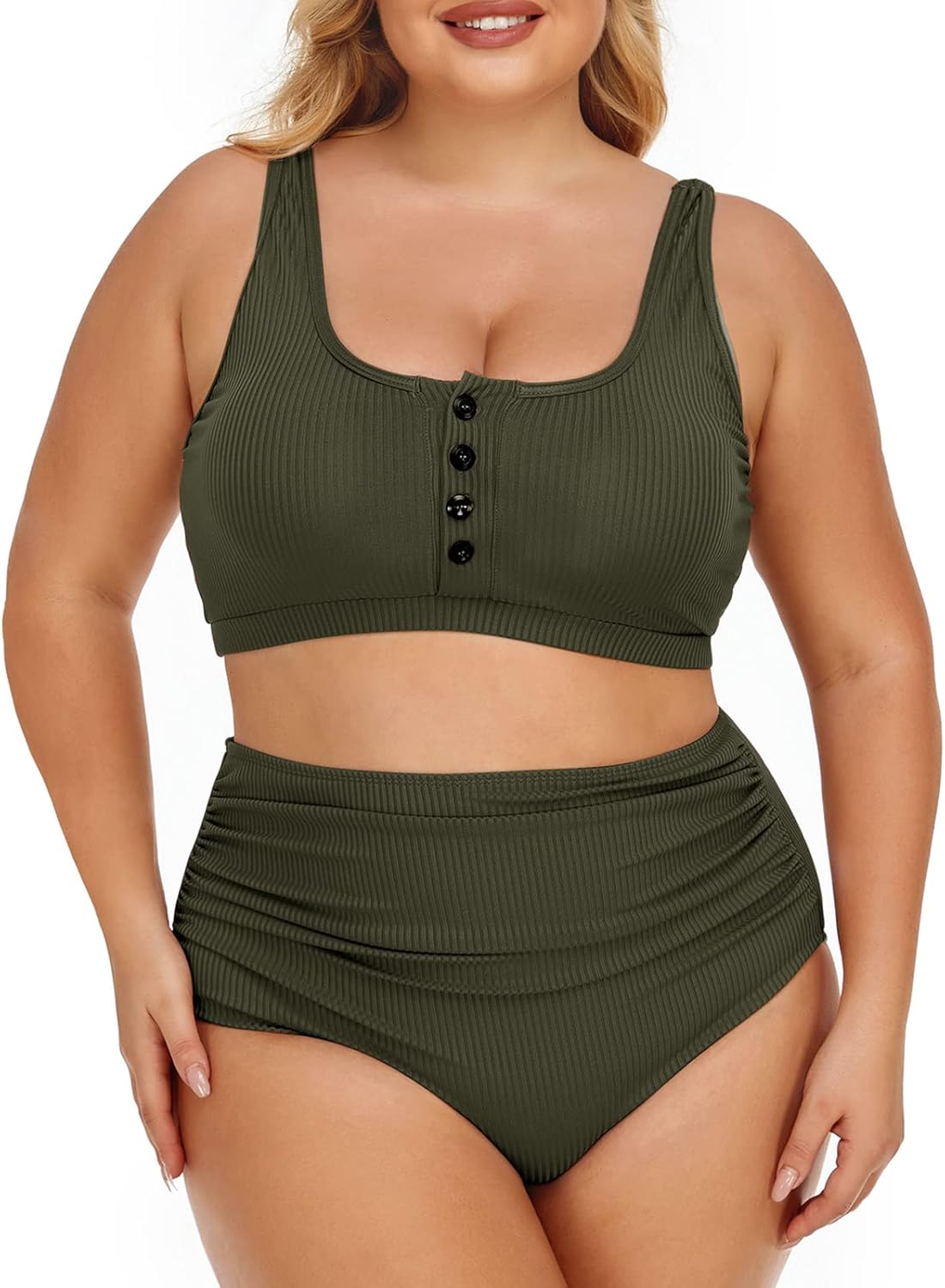 Summer Mae Plus Size Women Ribbed Bikini Set Two Piece High Waist Swimsuit Scoop Top Tummy Control Bathing Suit Swimwear