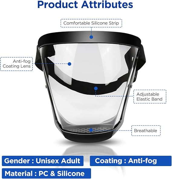 Full Face Shield, Clear Full Face Protective Shield, Reusable Anti-Fog and Anti-Static Transparent Face Mask, Adjustable Breathable Face Mask for Eye and Face Protection, Super Lightweight HD