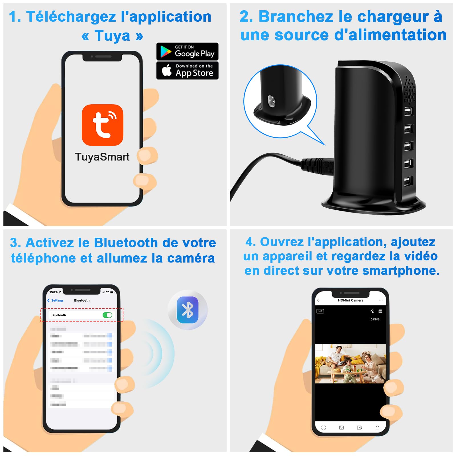 Caméra Espion WiFi 2.4 & 5G, Chargeur USB à 5 Ports avec Mini Caméra Espion Cachée, HD 1080P Micro Camera Cachée WiFi Supportant la Détection de Mouvement et l'enregistrement en Boucle