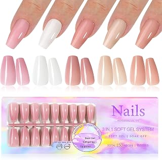 Coffin Press On Nails Long, Pre-colored Gel Press on Nails Coffin Nail Tips, 5 Colors Soft Gel Nails False Nail Kit, 150pcs Acrylic Nails Press ons Long Fake Nails