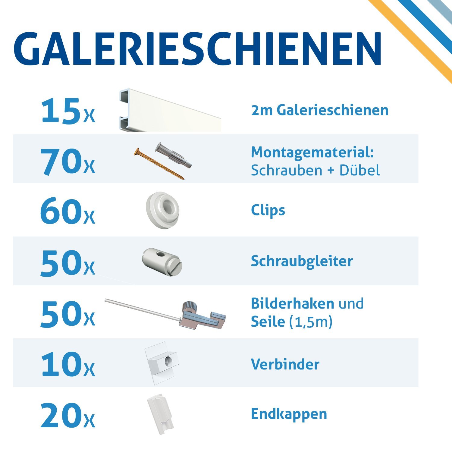 Bilderschienen, Galerieschienen Komplett-Set in weiß, 30m Länge und erweiterbar - Wandgestaltung mit Bildern und Fotos, Bilderhaken inklusive