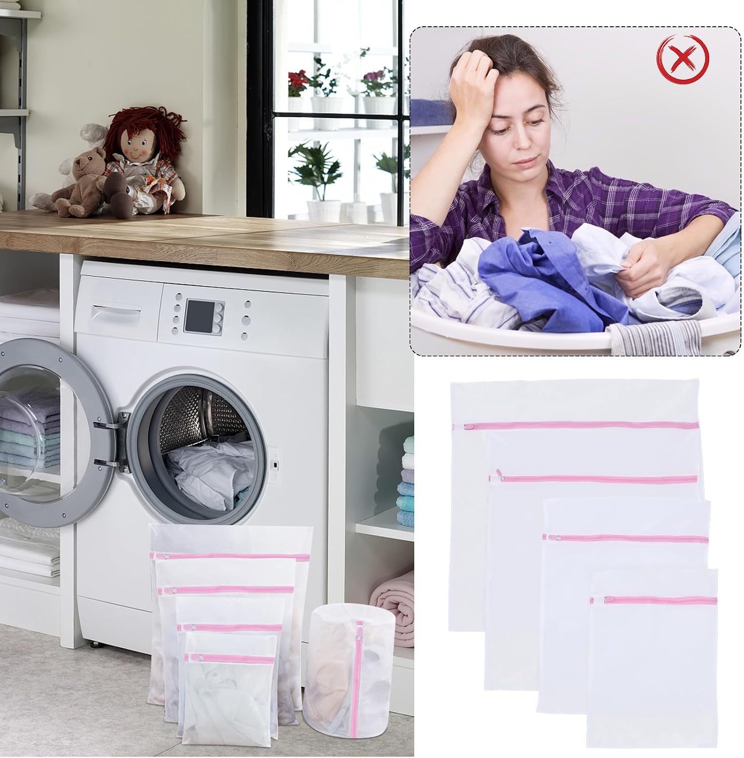 4pcs Mesh Laundry Bags Set with Zipper Closure for Bras and Shirts