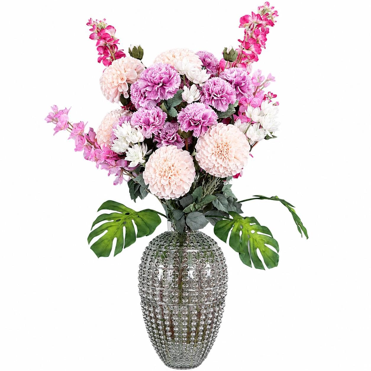Leaf Dahlia Tropical Blossom Artificial Flower Bundle With Bubble Vase 75Cm 18 Pack