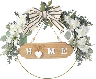 Home Wreaths for Front Door - 12 Inch Hanging Wooden Wreath with Bow for Farmhouse Indoor Outdoor, Rustic Greenery Wreath with Eucalyptus Welcome Sign for Home Wall Housewarming Decor