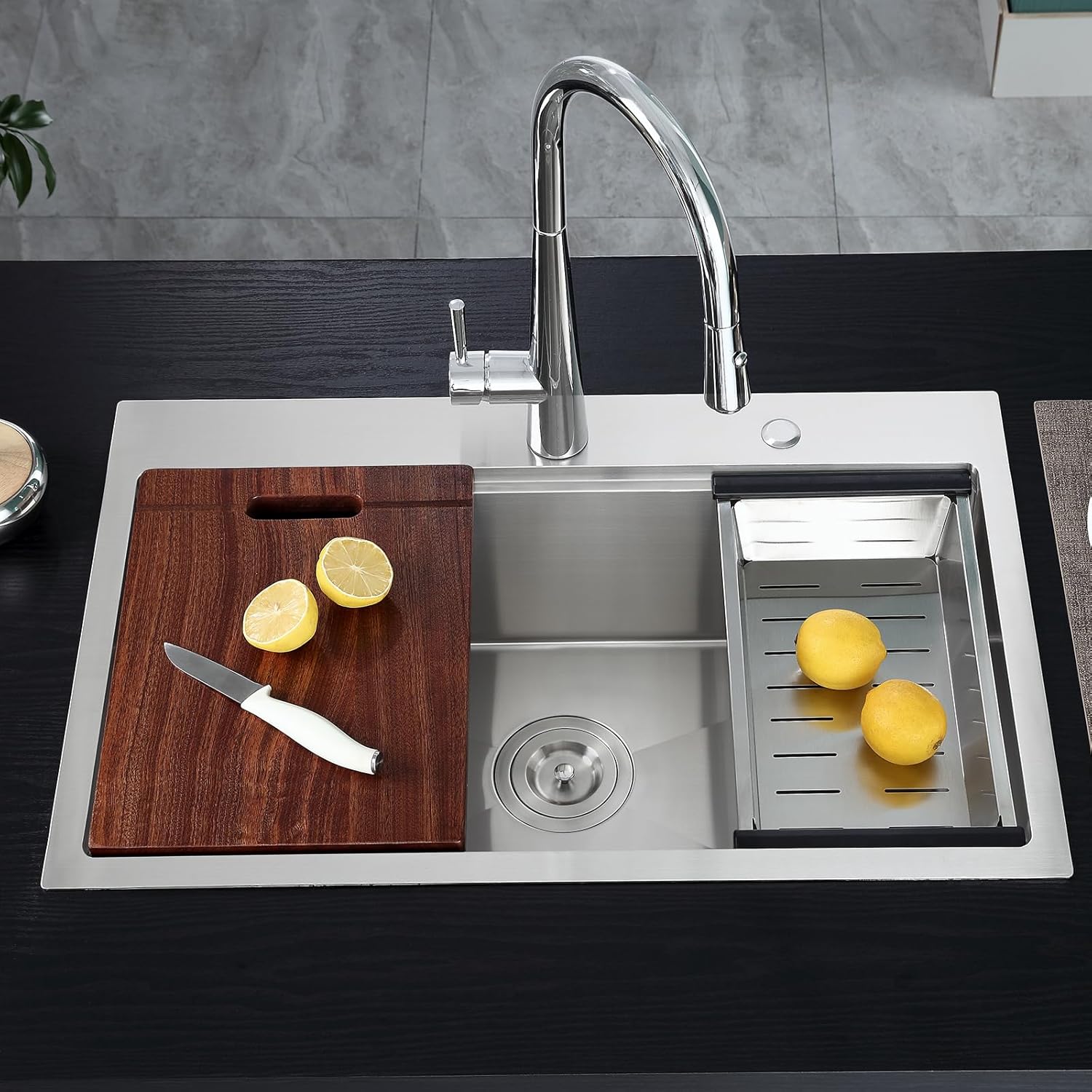 POPFLY 30 x 20 Inch Kitchen Sink, 30 Inch 304 Stainless Steel Top Mount Drop in Workstation Sink, 9-Inch Deep Handmade Single Bowl Sinks with Cutting Board & Strainer, Brushed Nickel（30×20×9）