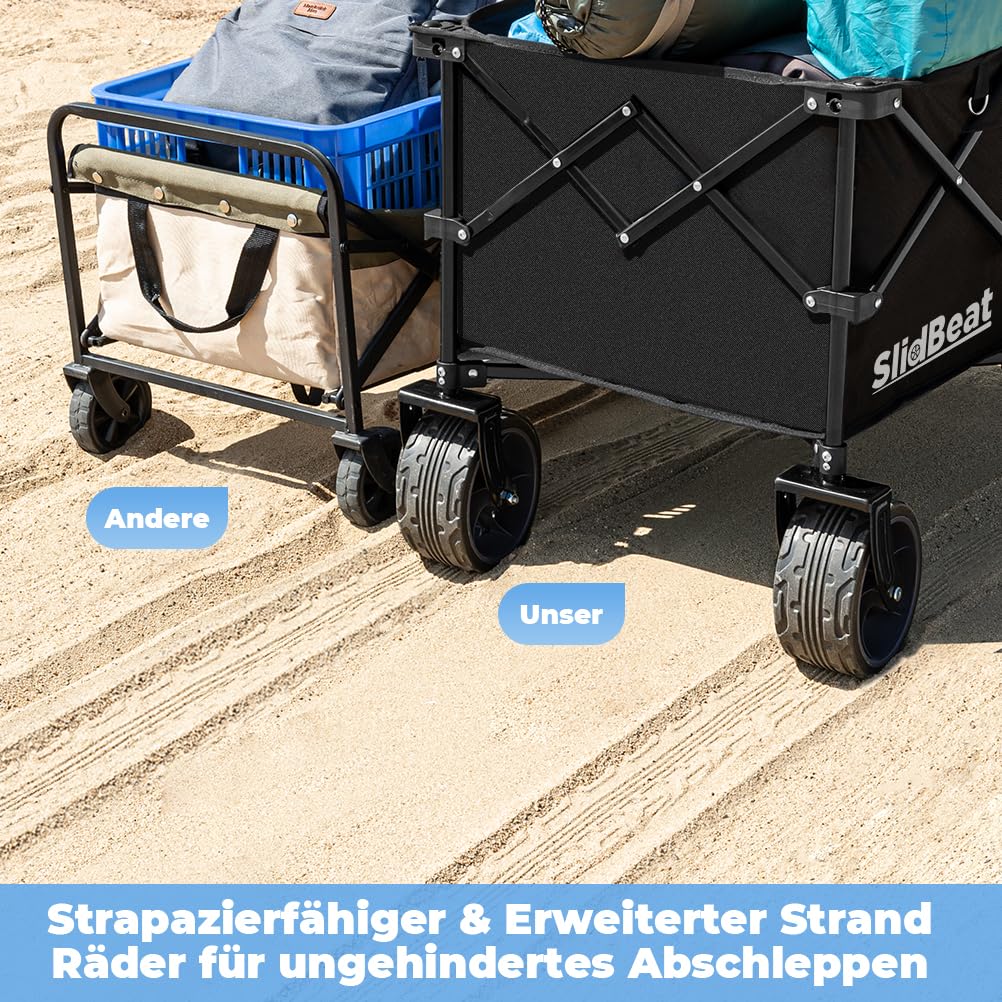 SLIDBEAT XXL Bollerwagen Faltbar 220L 200KG, Faltbarer Bollerwagen mit Bremsen, Getränkehalter Verstellbarem Griff Klappbollerwagen mit All Terrain Rädern Für Camping Outdoor Garten Shopping