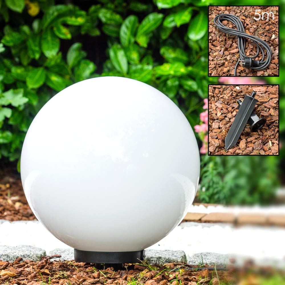Lampada a globo Miau, lampada sferica con picchetto di terra, lampada da esterno in plastica bianca Ø 40 cm, E27, globo illuminato con cavo di alimentazione da 5 metri, senza lampadina/e