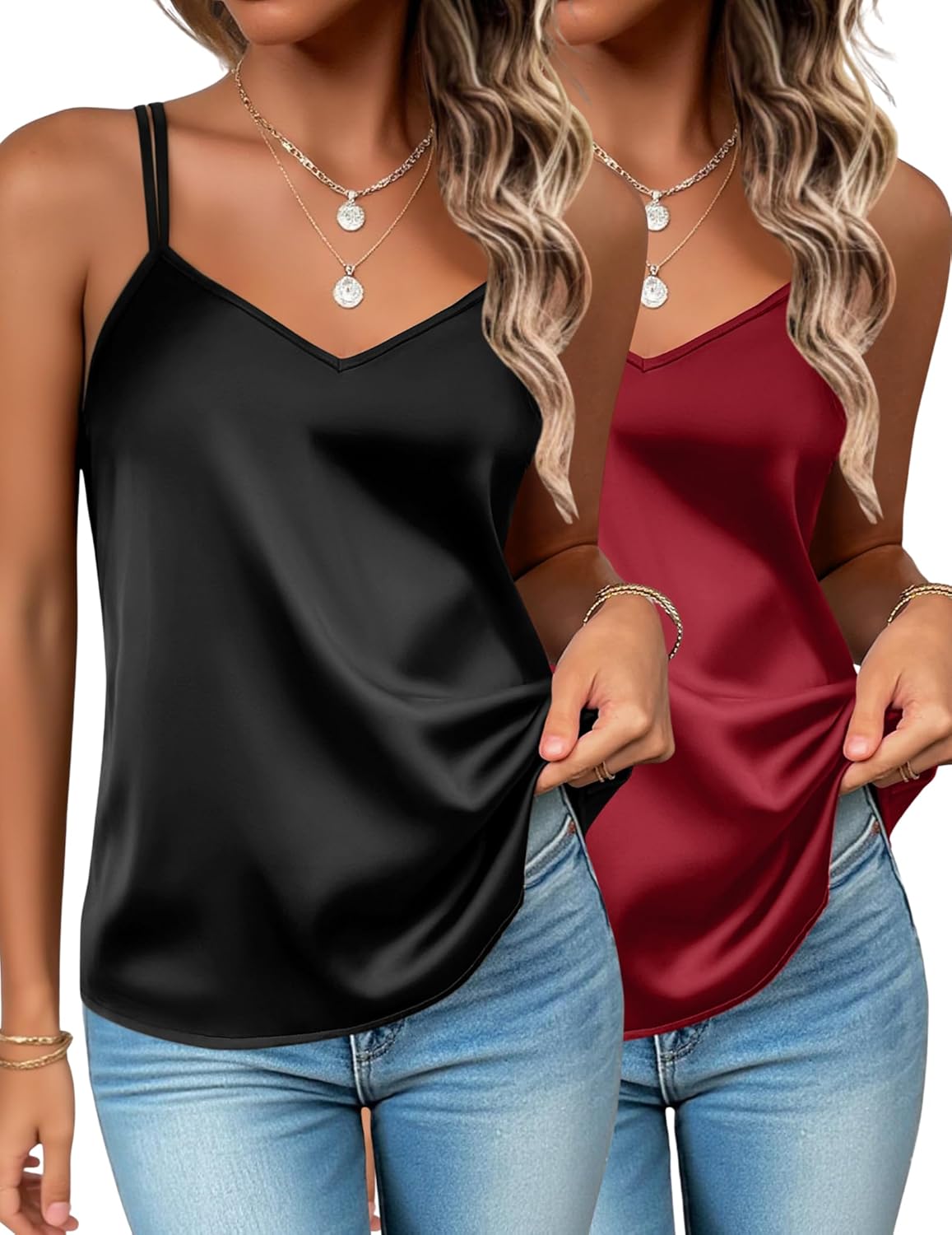 Zeagoo Silk Camisole Tops for Women 2026 V Neck Satin Tank Top Spaghetti Strap Cross Back Sleeveless Summer Blouses
