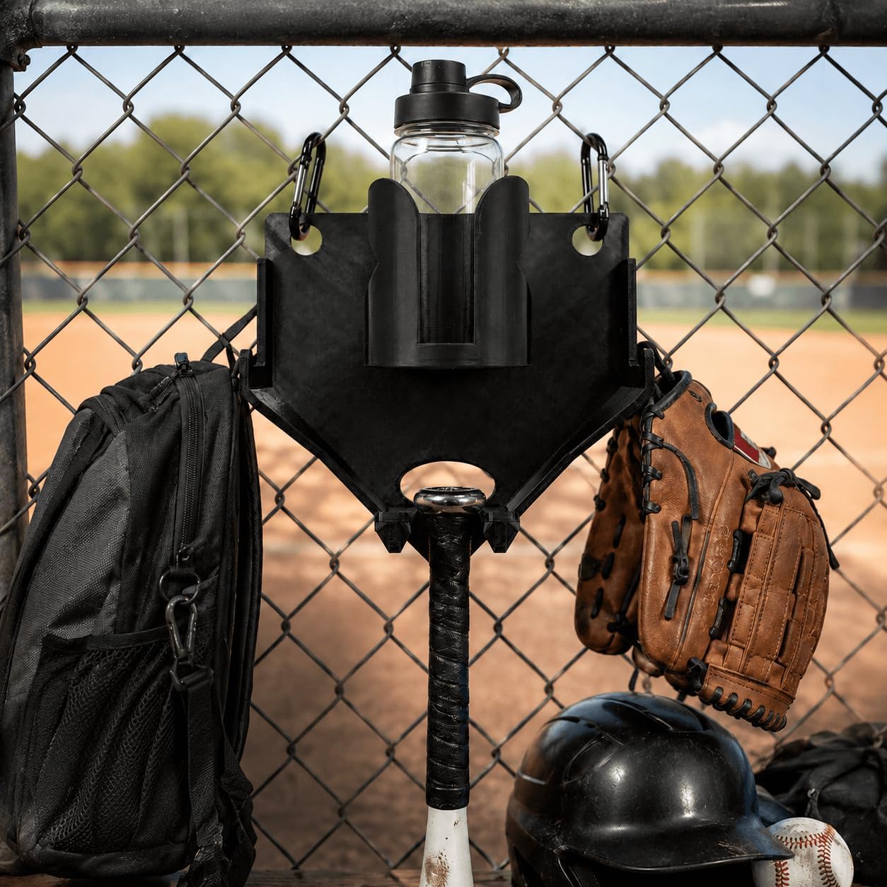 Baseball Softball Dugout Organizer, 3D Printed Fence Mounted Bat Holder with Detachable Cup Holder and 2 Hooks, Black Baseball Fence Gear Organizer for Coaches Parents Youth Players