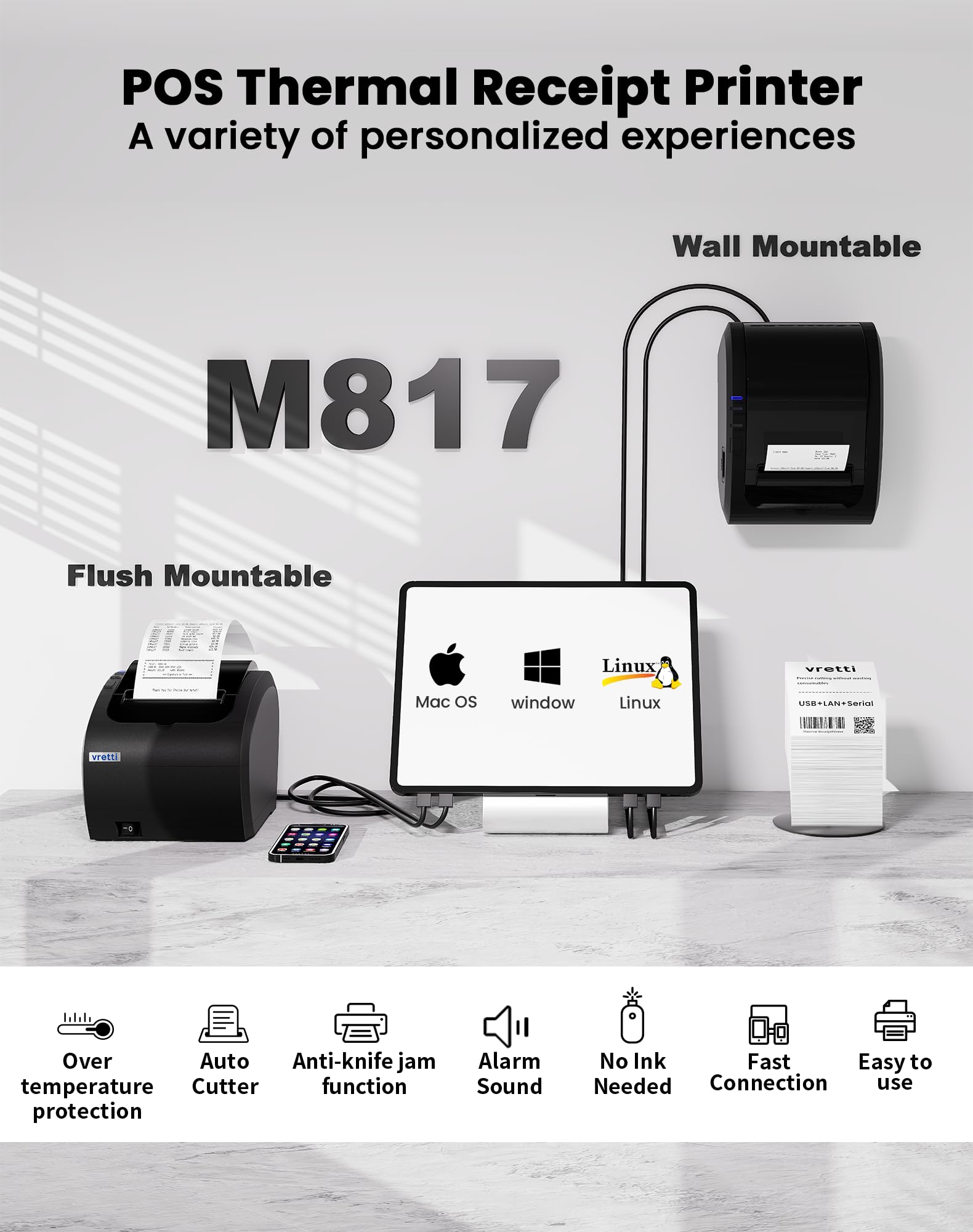 vretti Imprimante de Reçus Thermique 80mm, POS Imprimante Ticket de Caisse avec Support de Coupe Automatique, USB+LAN+Serial