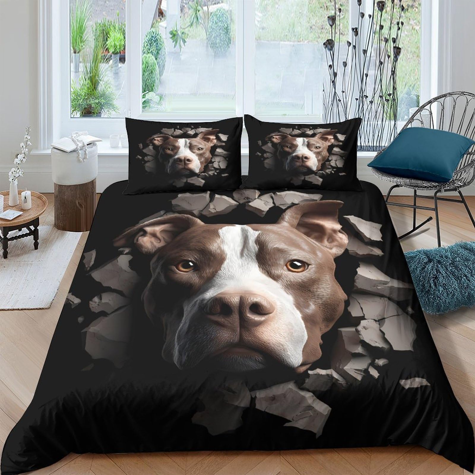Ctjqhvkz Style-9 3D Printed Realistic Dog Face Fitted Sheet Microfiber Black Brown Pitbull Bed Cover For Bedroom Decor Dorm Mattress Protection Single（135X200cm）