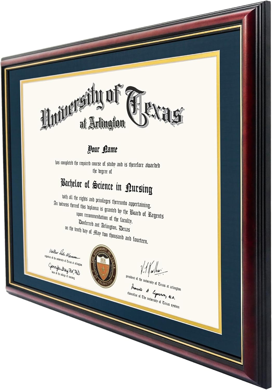GraduationMall 14x17 Diploma Frame with Navy over Gold Mat or Display 16x20 Certificate without Mat,Solid Wood & Tempered Glass,Cherry Finish with Gold Trim