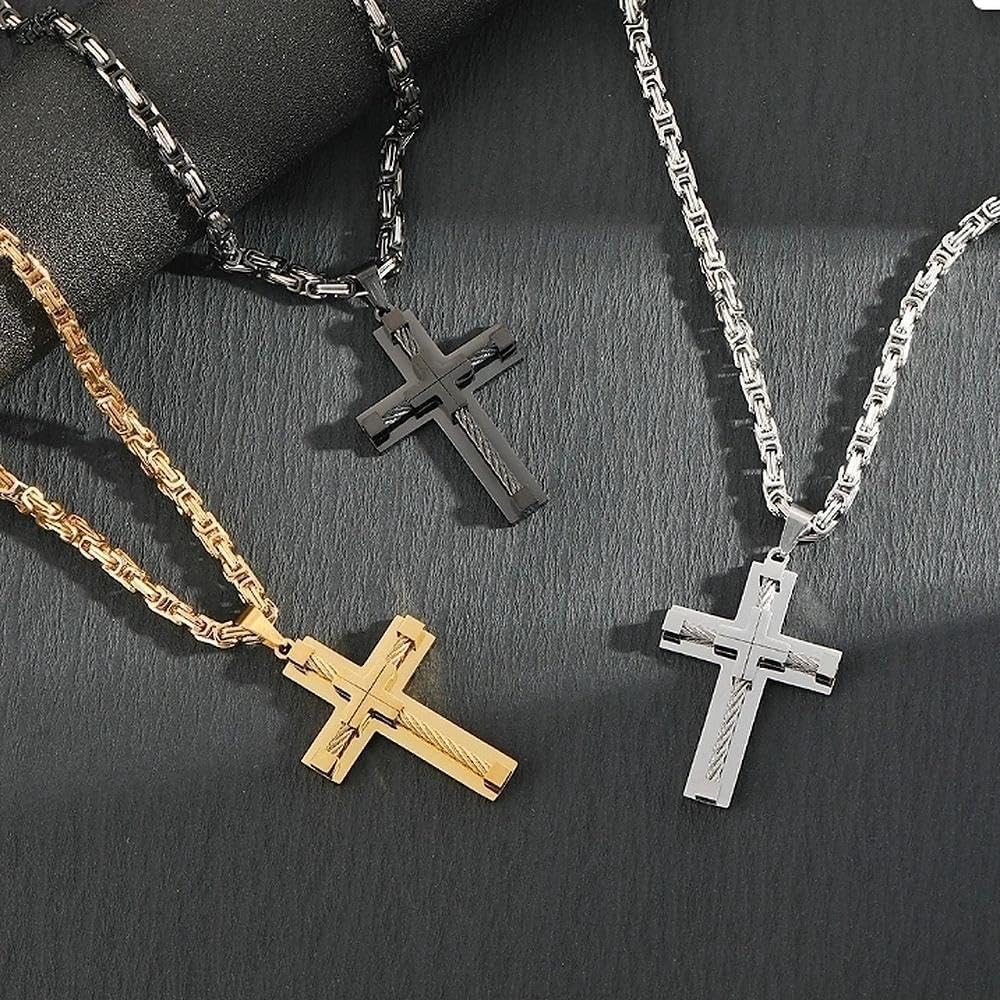 Seamido Black Gold Silver Stainless Steel Cross Necklace For Men, Byzantine Chain Necklace with Chunky Cross Pendant, Crucifix Catholic Christian Jewelry for Men - Image 6