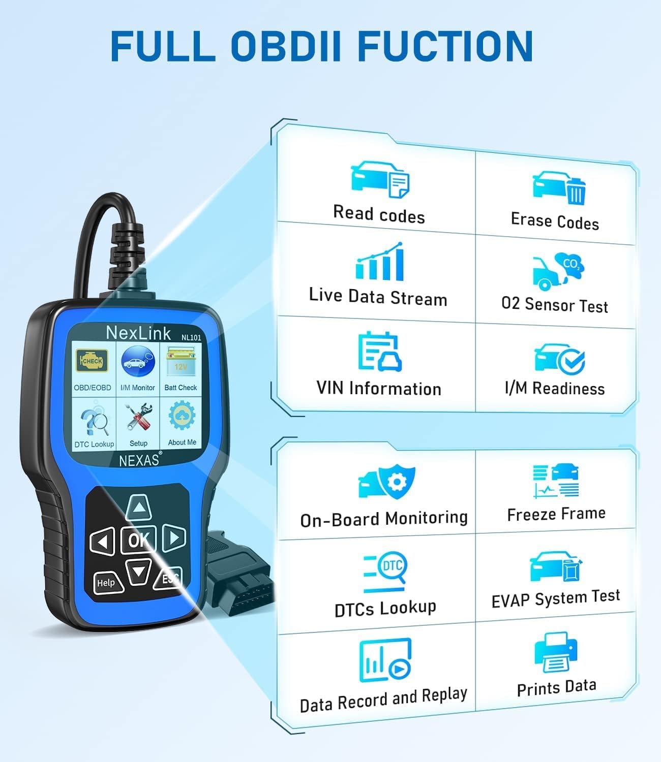 NEXAS NL101 OBD2 Scanner Diagnostic Tool with Battery Test, Check Car Engine Light Code Reader Scan Tool with Full OBDII Function Live Data Stream for All Vehicles, Free Protective Case & Update