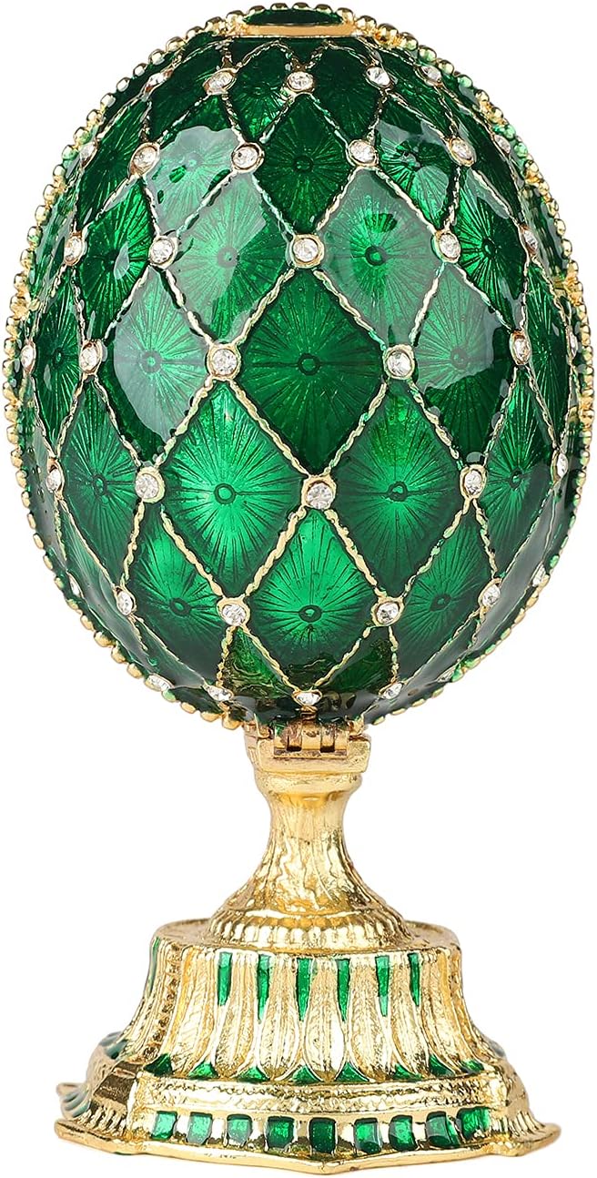 QIFU Vintage Easter Egg Style Green Enameled Trinket Box with Mini Crown Unique Gift for Family