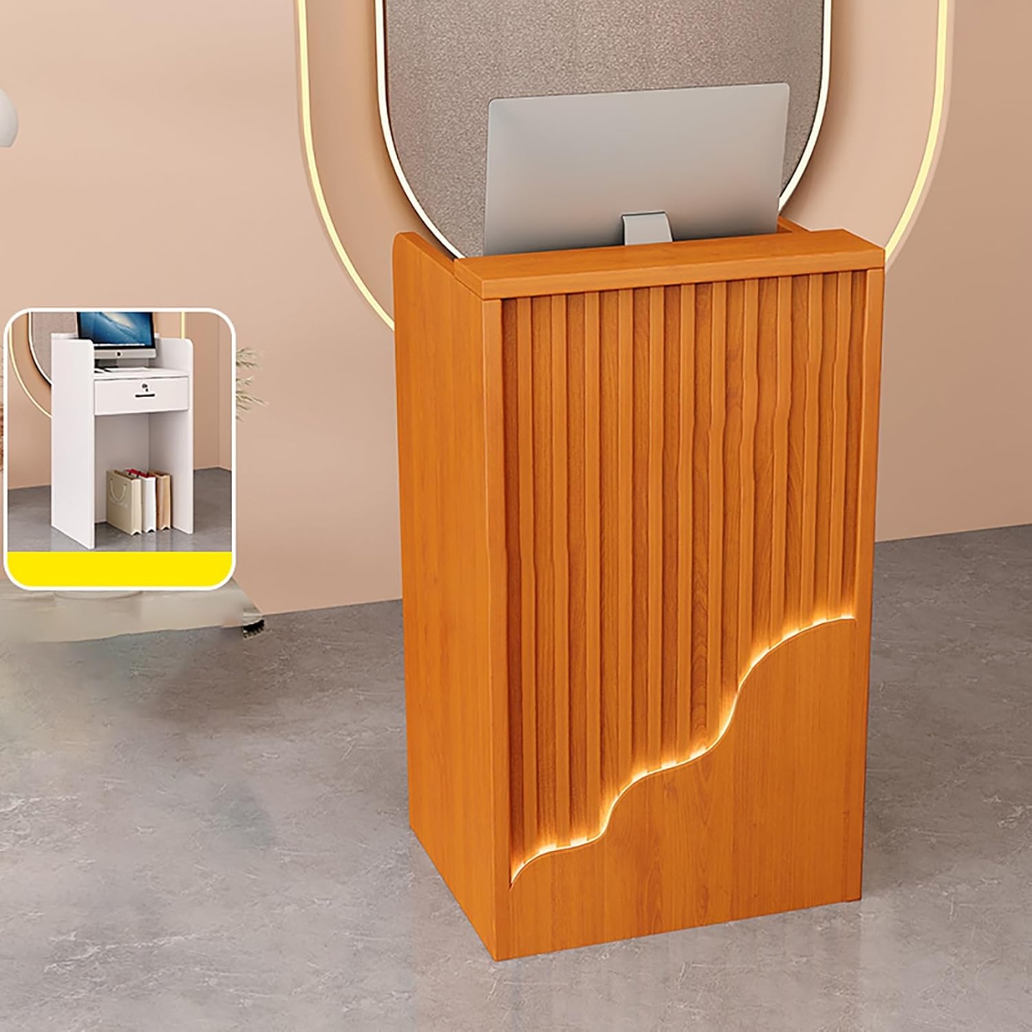 Reception Desk,Retail Counter for Checkout,Retail Checkout Counter Table,Modern Welcome Desk,with Lights & Lockable Drawers,for Salon Reception Room Checkout Office Supermarket.(Color:Orange,Size:SHAP