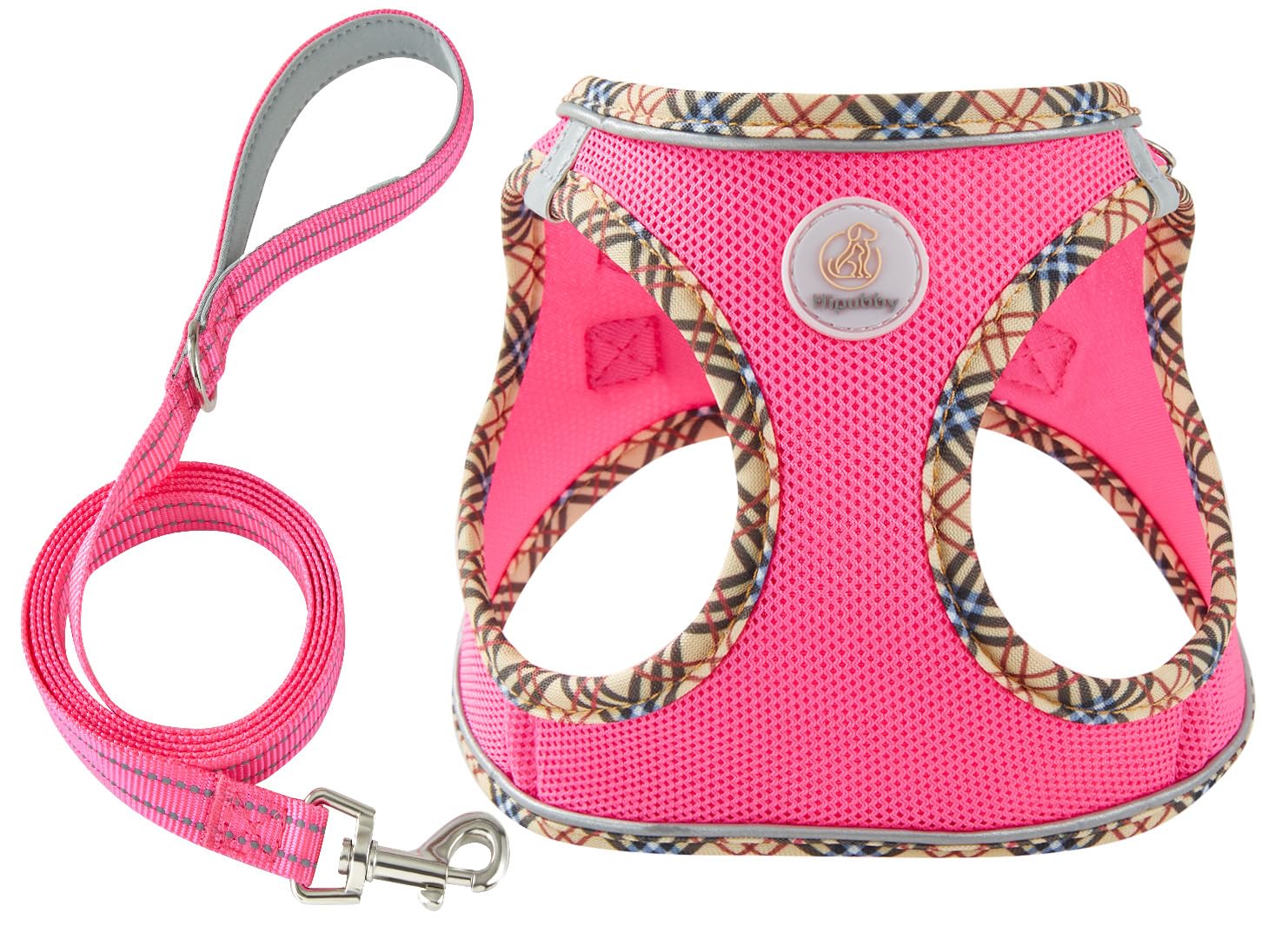 Hipubby Dog Harness Small Sized and Leash Set, No Pull Soft Mesh Puppy Vest, Reflective Breathable Lightweight Pet Harness, Harness for Small Medium Dogs and Cats - Rose Red/Khaki Trim, XS