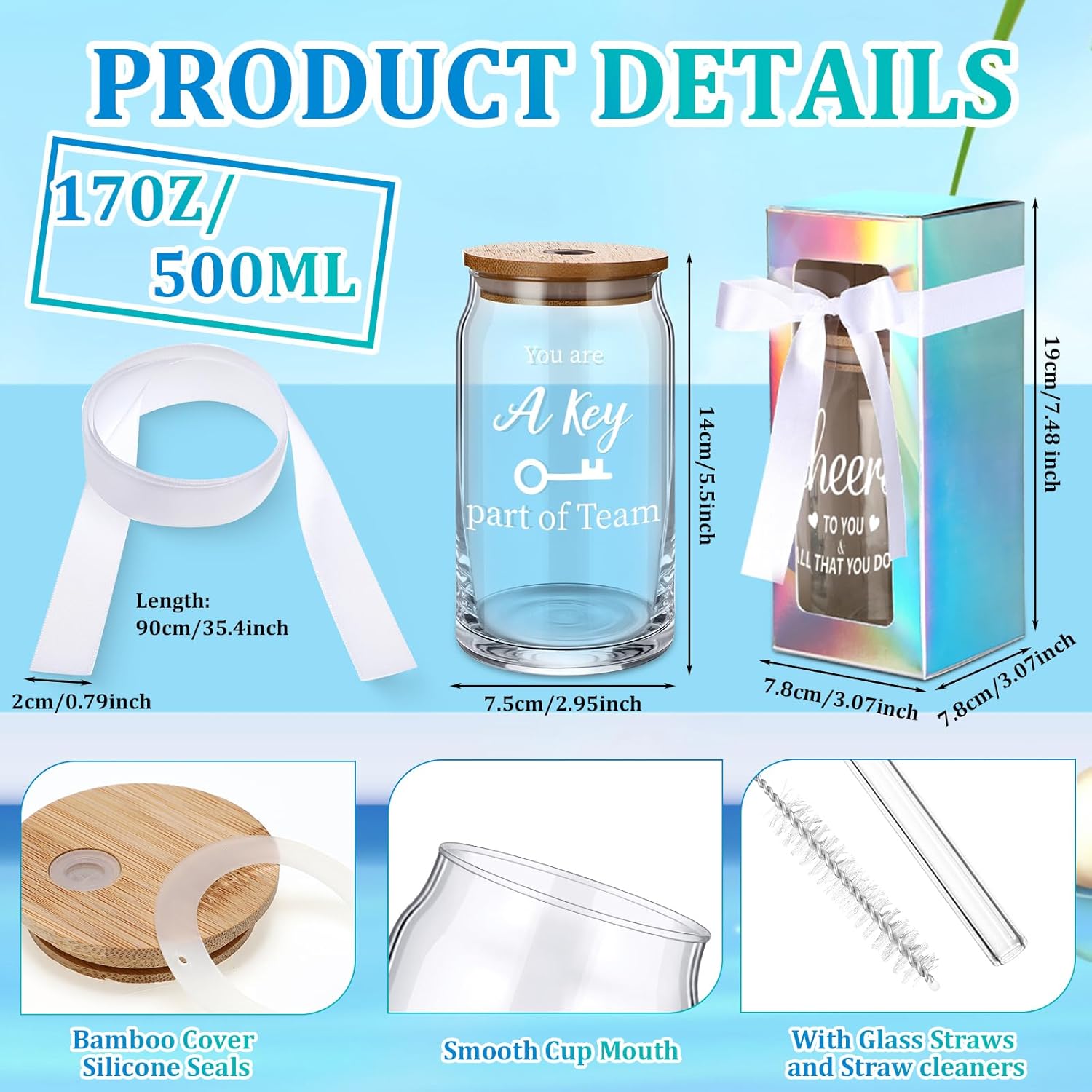 24 Sets Team Gifts Bulk for Employee Appreciation Thank You 16 oz Glass Cups with Bamboo Lids Straws Inspirational Birthday Gift Boxes for Coworkers Staff Teachers Nurse(Assorted)