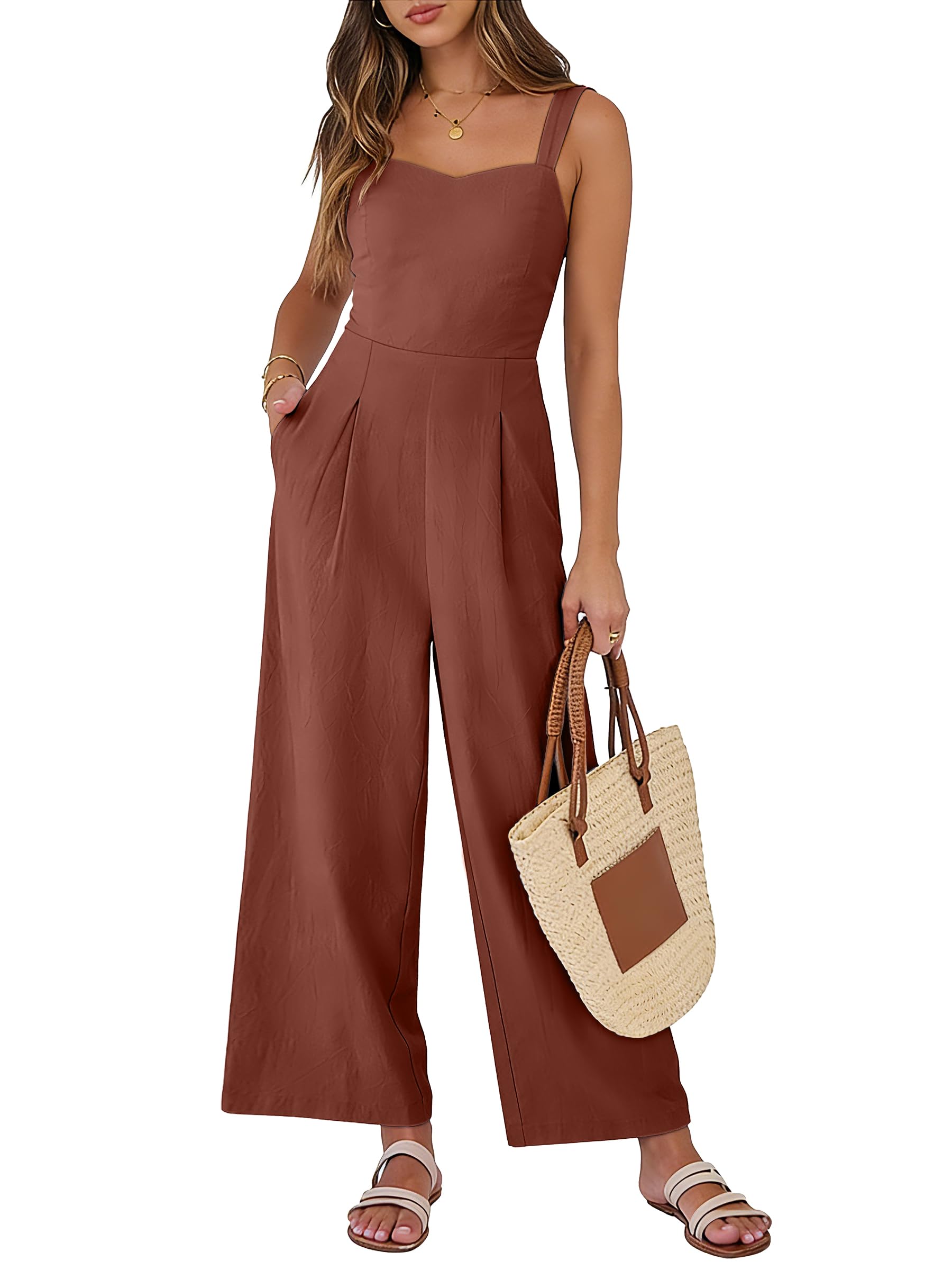 Womens Jumpsuit Casual Summer Wide Leg Sleeveless Smocked One Piece Romper 2026 Beach Travel Vacation Jumper Outfits-image-39