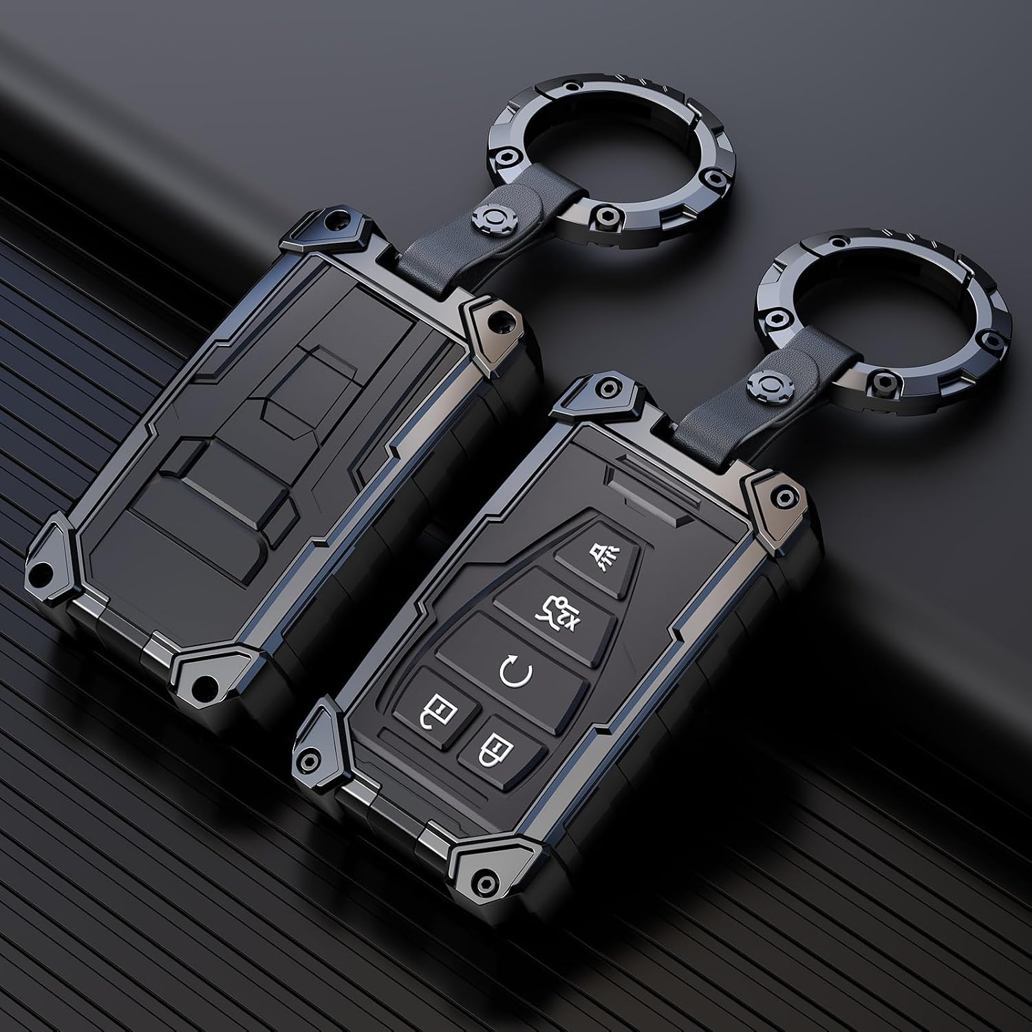 Heavy Key Fob Cover for Chevy, Keychain, Metal Silicone Key Fob Case Compatible with Malibu Equinox Trax Camaro Blazer Traverse Trailblazer Spark (Black, R Buckle)