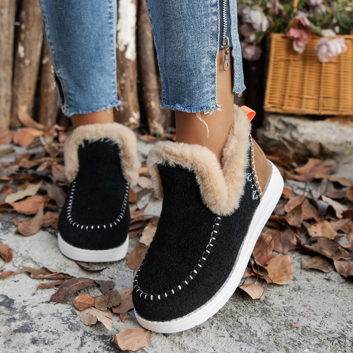 Cozy Fleece Slip-On Boots, Womens Comfort Winter Warm Plush Lined Non-Slip Flat Slip on Snow Loafer Shoes