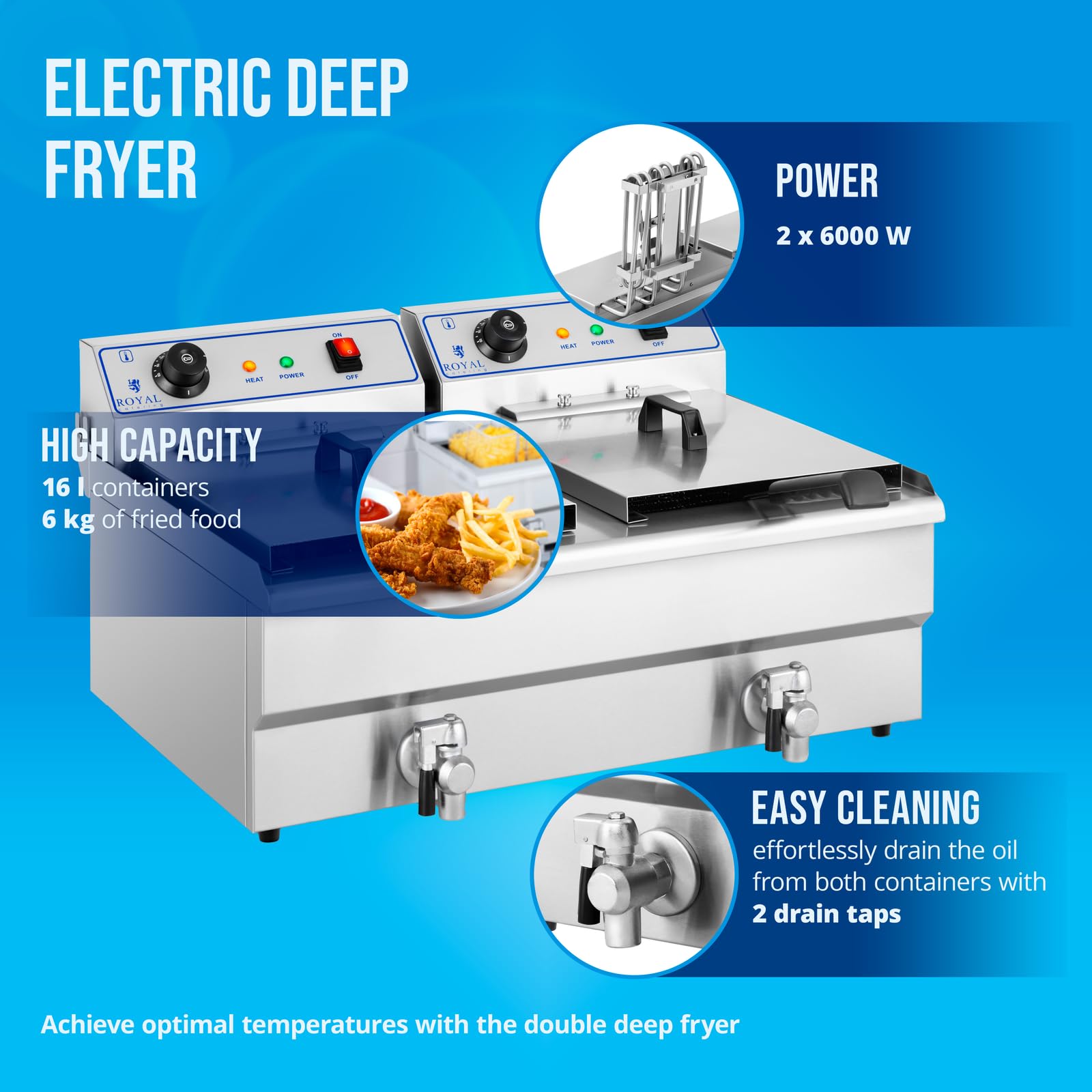 Royal Catering Kommerzielle Fritteuse Kapazität 2 x 16 l 13 kW 400 V 60-200 °C Kaltzone Ablasshahn autom. Abschaltung Thermoschutz Cool-Touch-Griff Elektro-Doppel-Fritteuse
