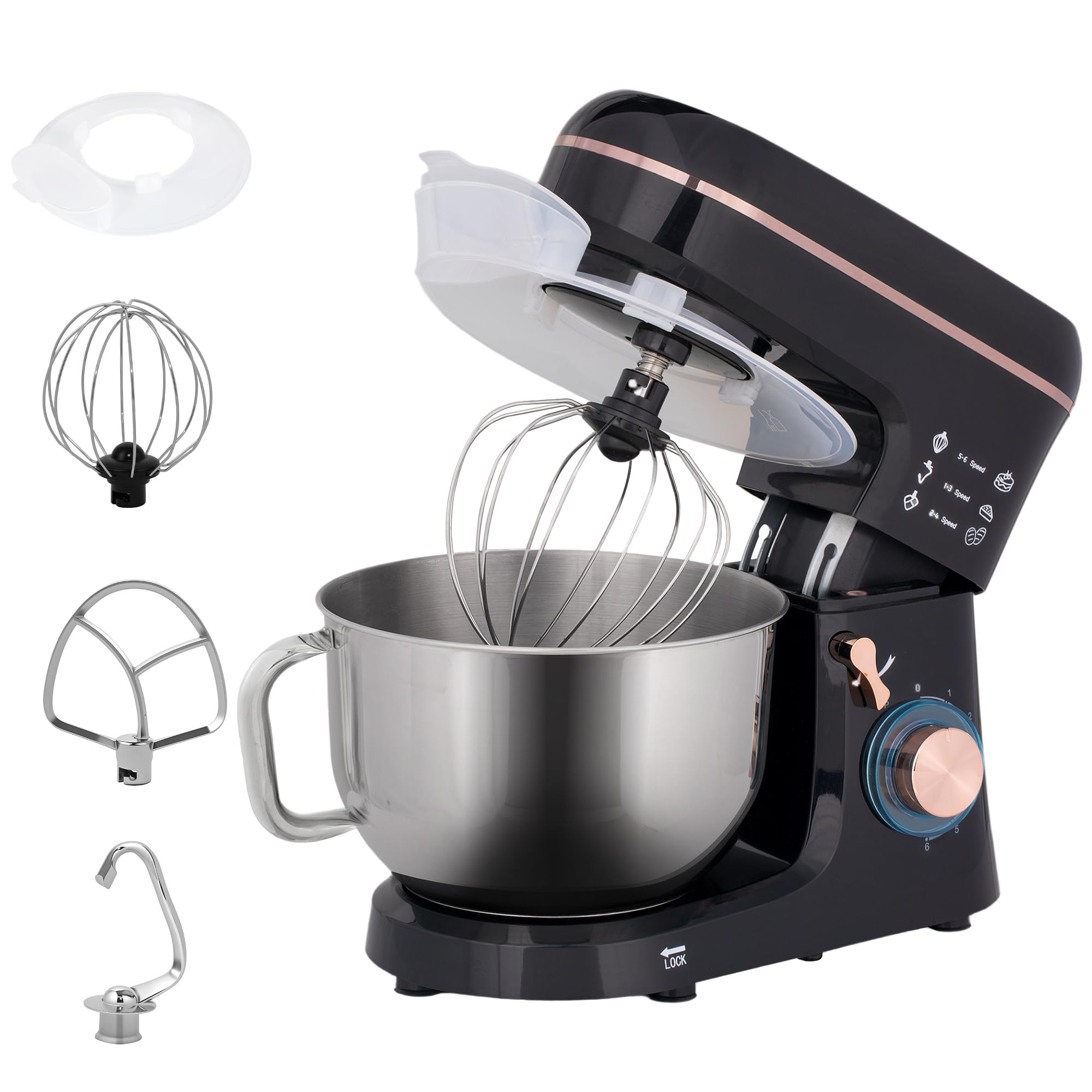 HOMCOM Stand Mixer, 5L Food Mixer for Baking, 6 Speeds and Pulse Setting, 1400W Cake Electric Kitchen Mixer with Dough Hook, Whisk, Stainless Steel Bowl, Splash Guard, Beater, Black